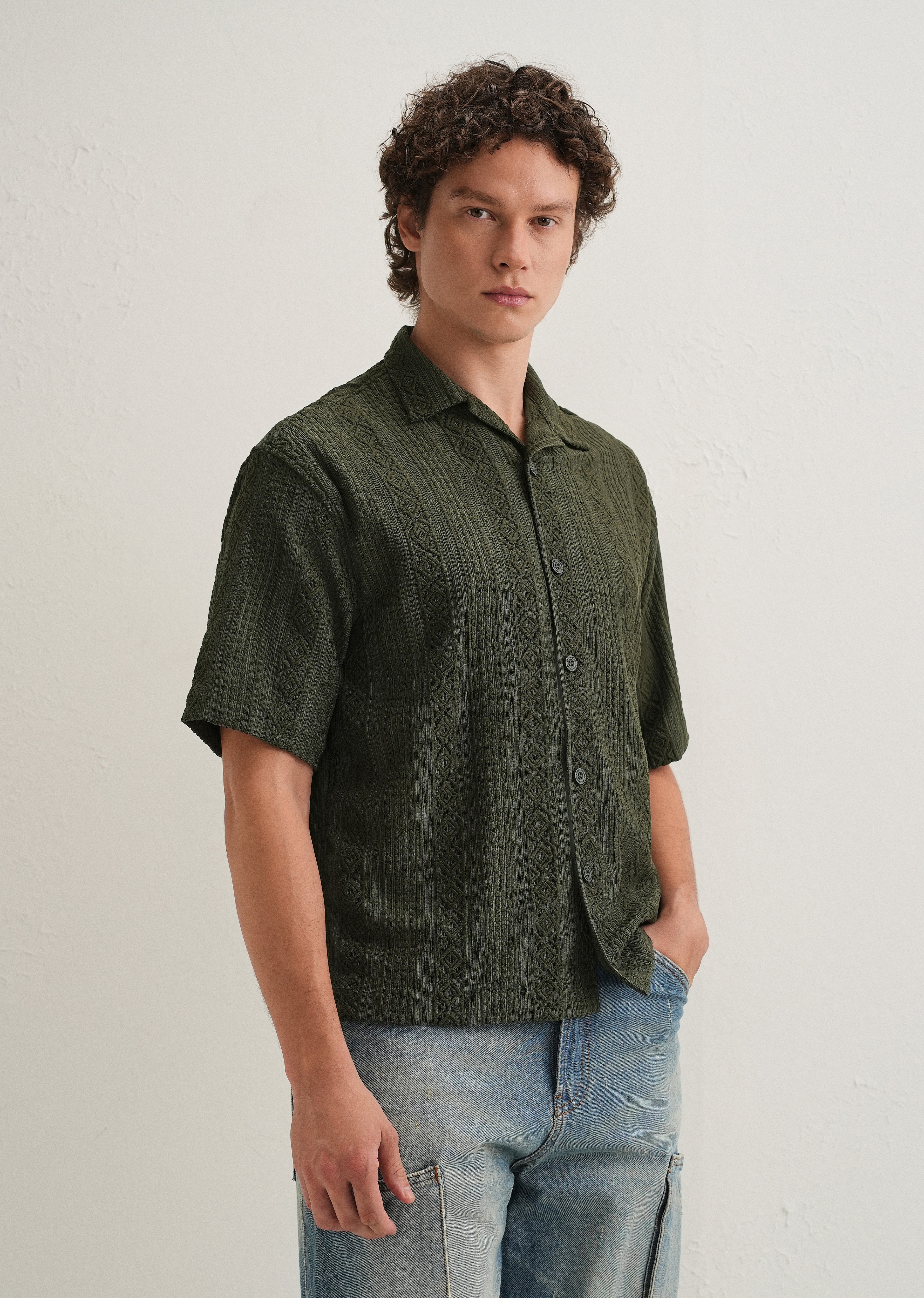 Dark Olive Green Geometric Textured Shirt - Image 5
