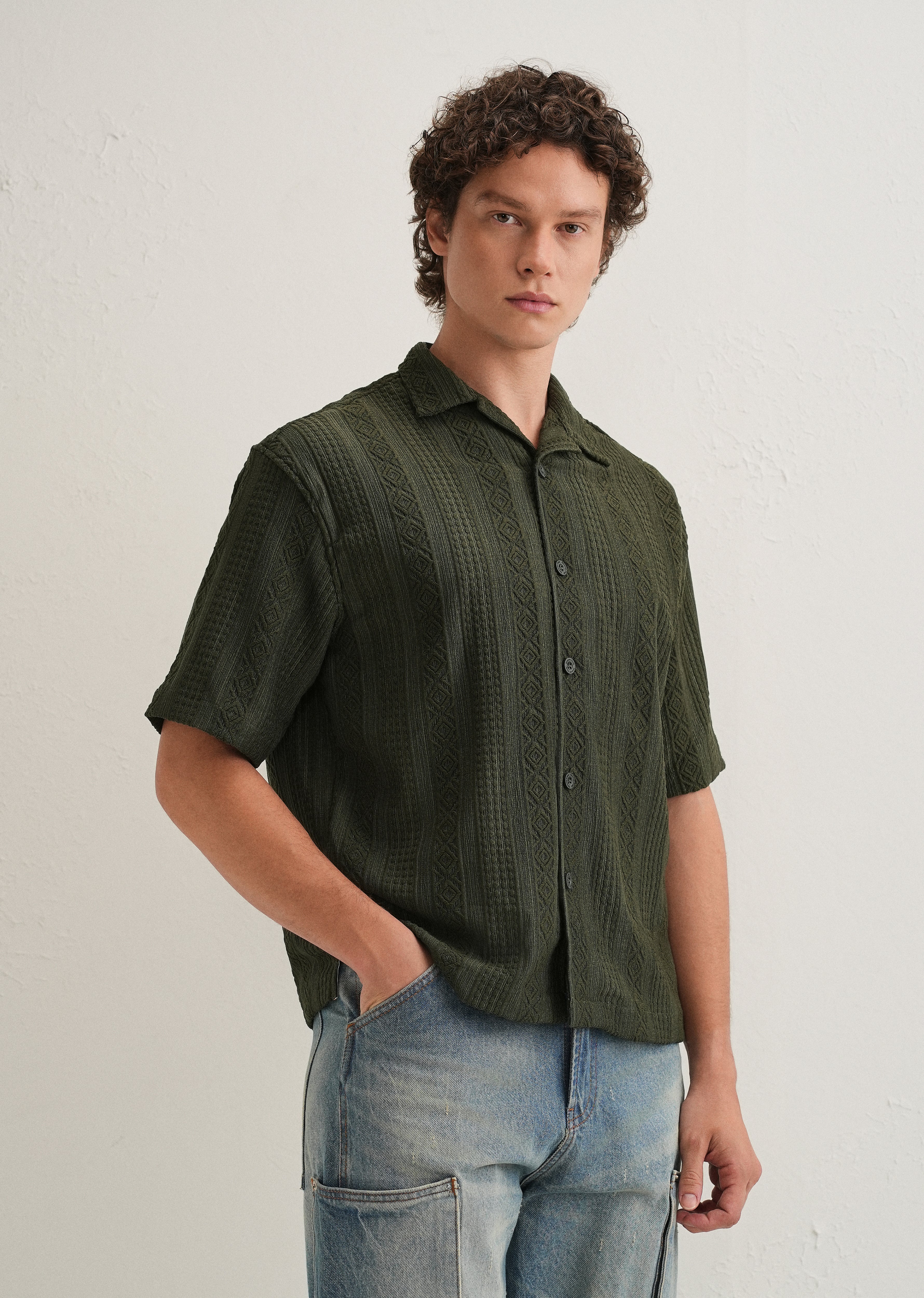 Dark Olive Green Geometric Textured Shirt - Image 6
