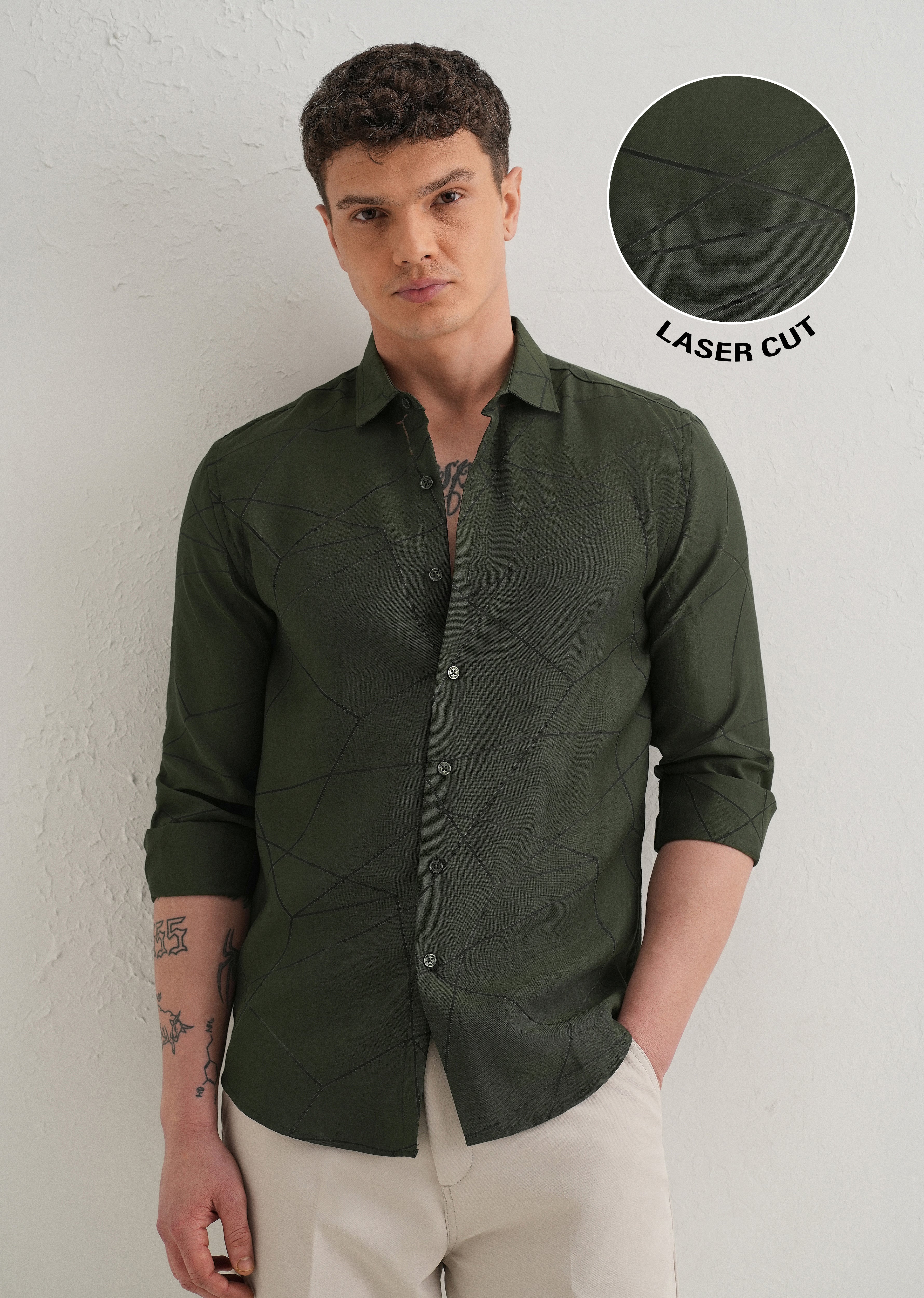 Dark Olive Laser Cut Shirt - Image 7