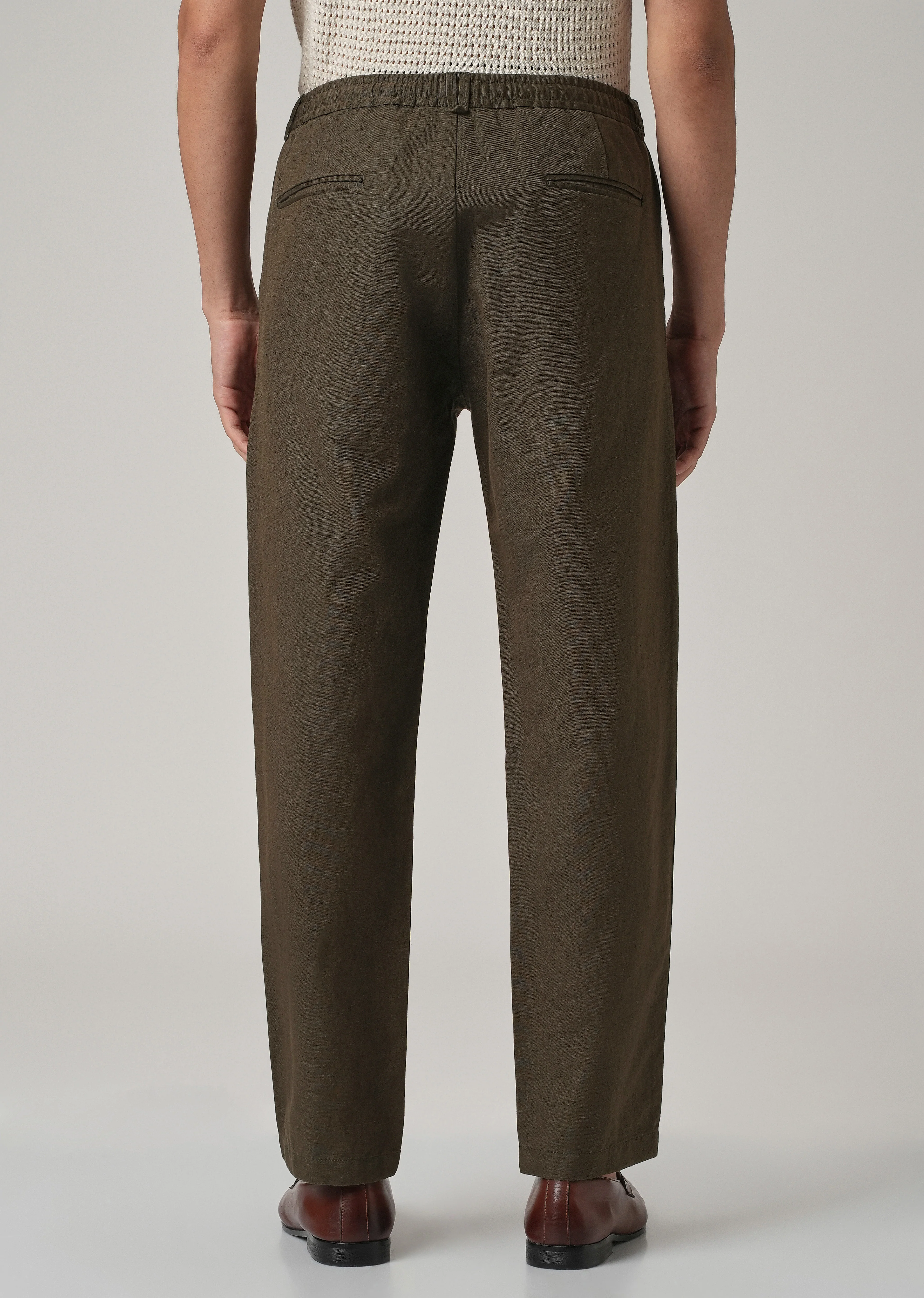 Dark Olive Linen Relaxed Fit Trouser - Image 2