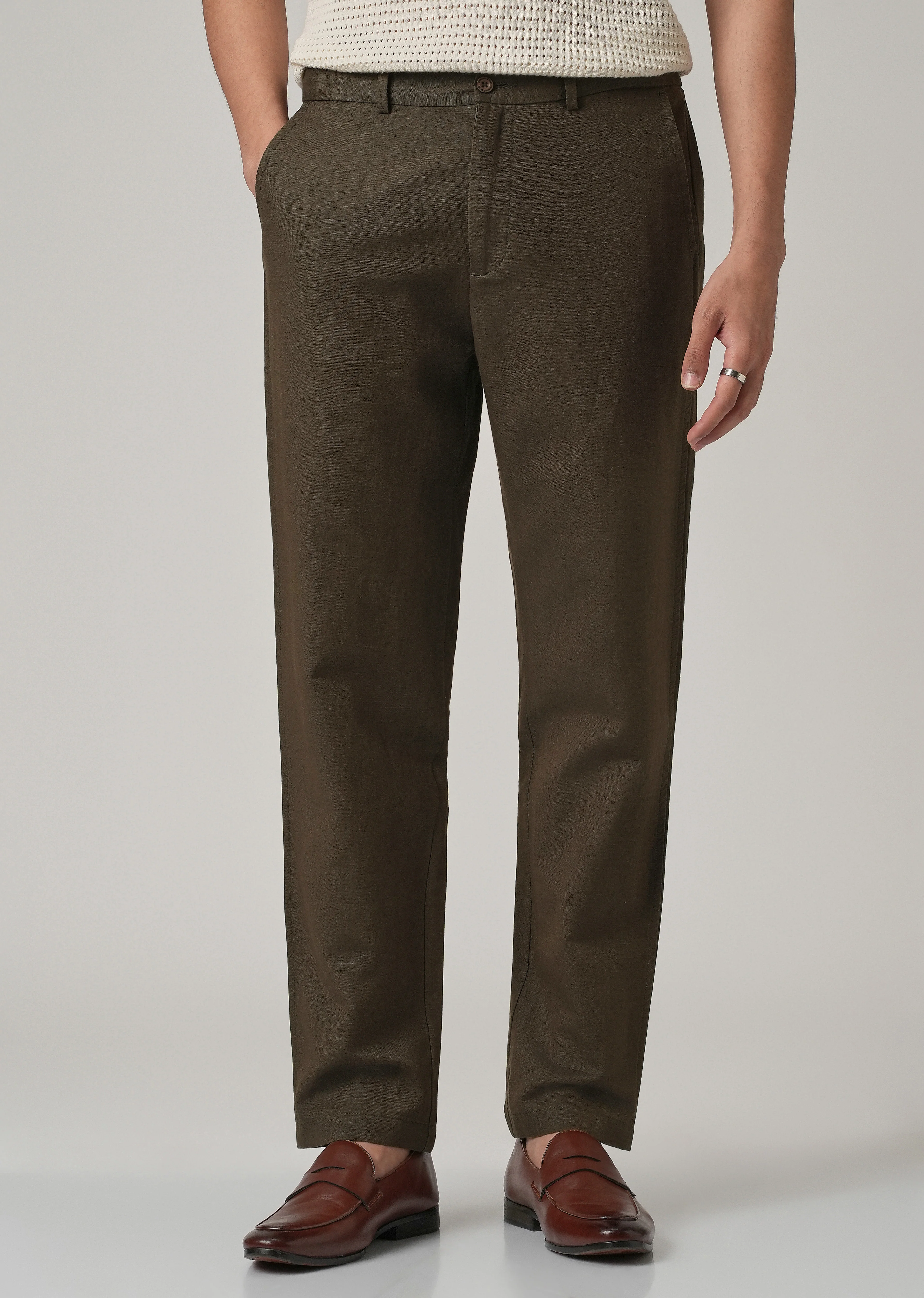 Dark Olive Linen Relaxed Fit Trouser - Image 4
