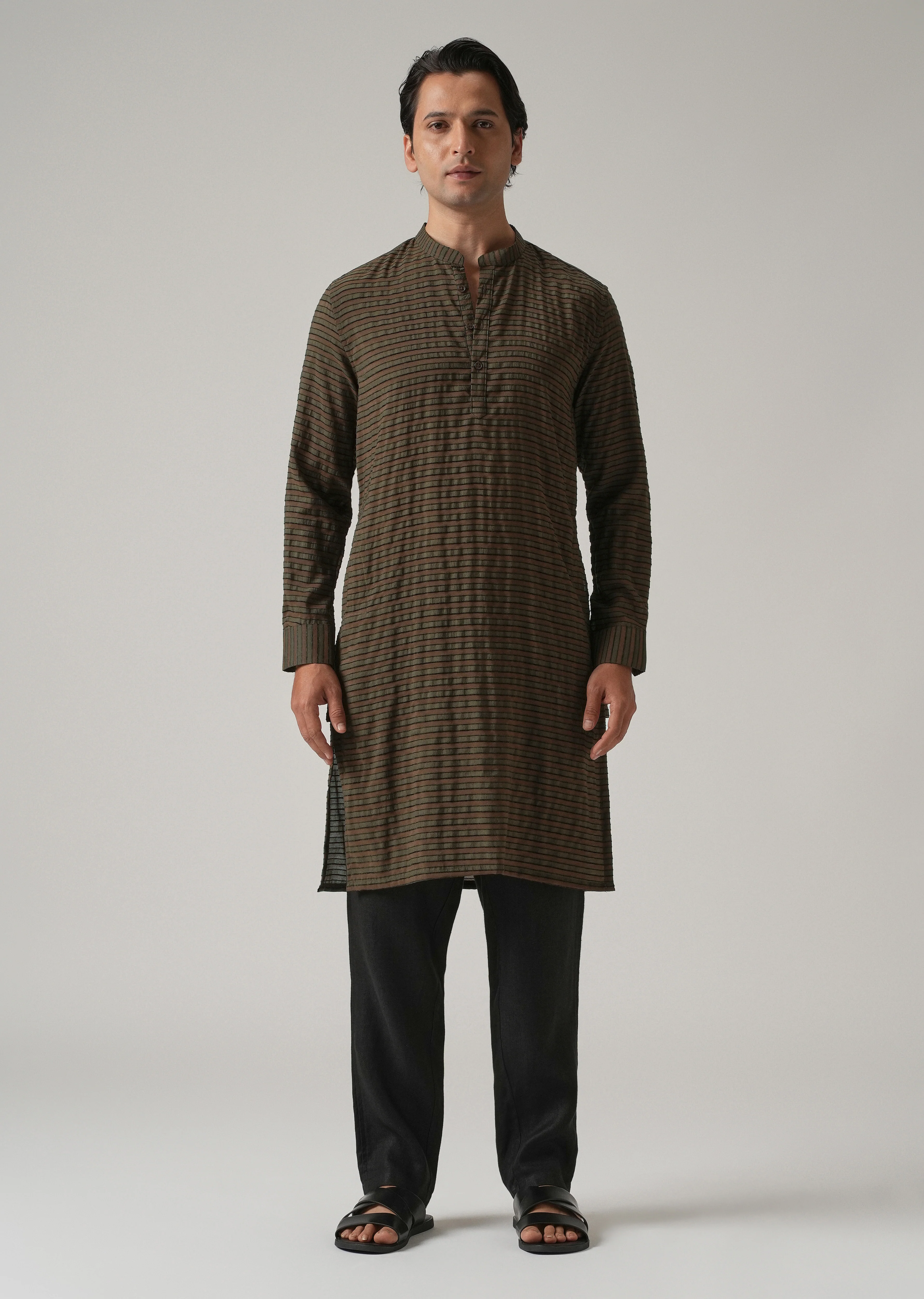 Dark Olive Nylon Pin Stripe Kurta - Image 3