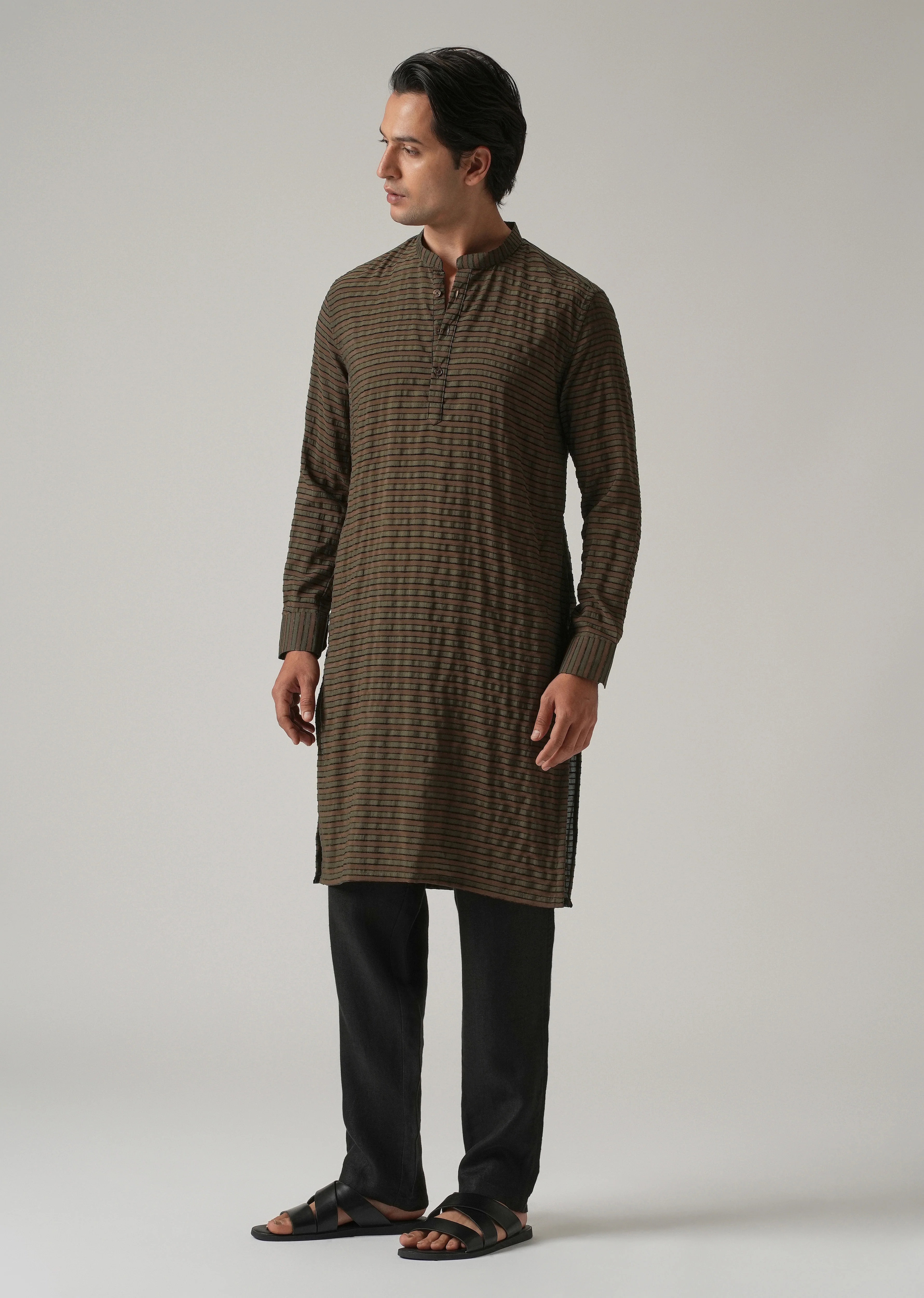 Dark Olive Nylon Pin Stripe Kurta - Image 4
