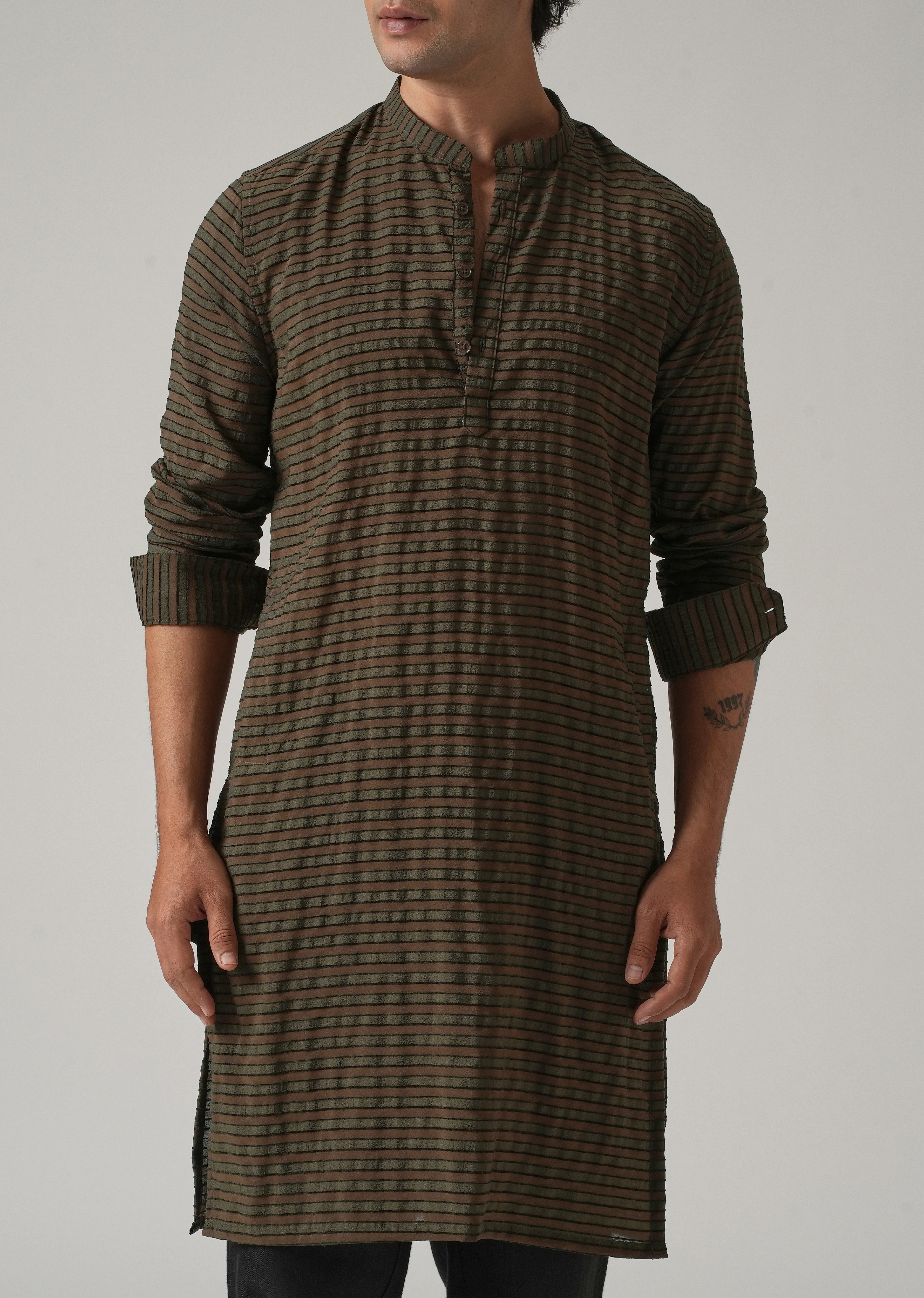 Dark Olive Nylon Pin Stripe Kurta - Image 7