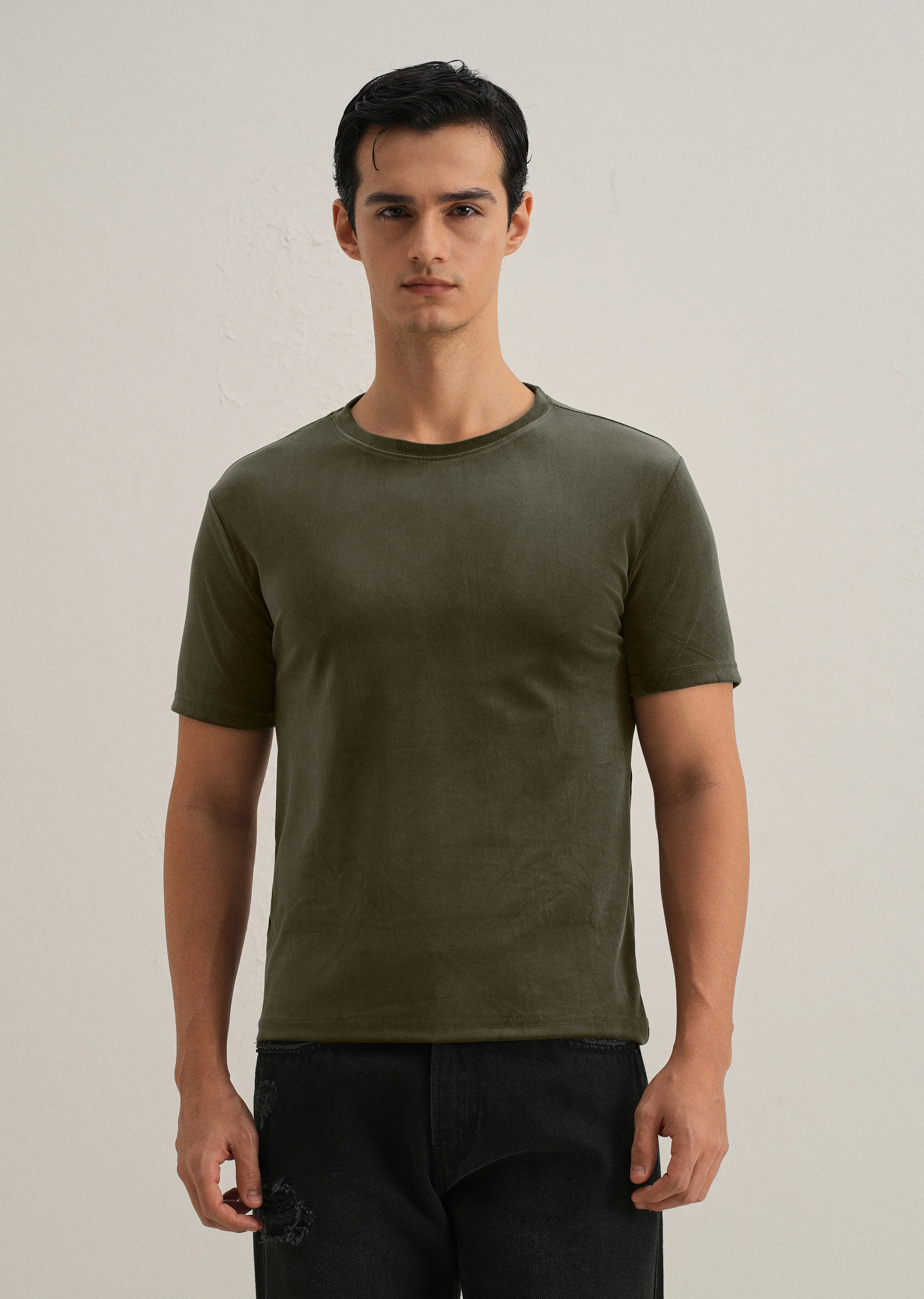 Dark Olive Plain Suede T-shirt - Image 3