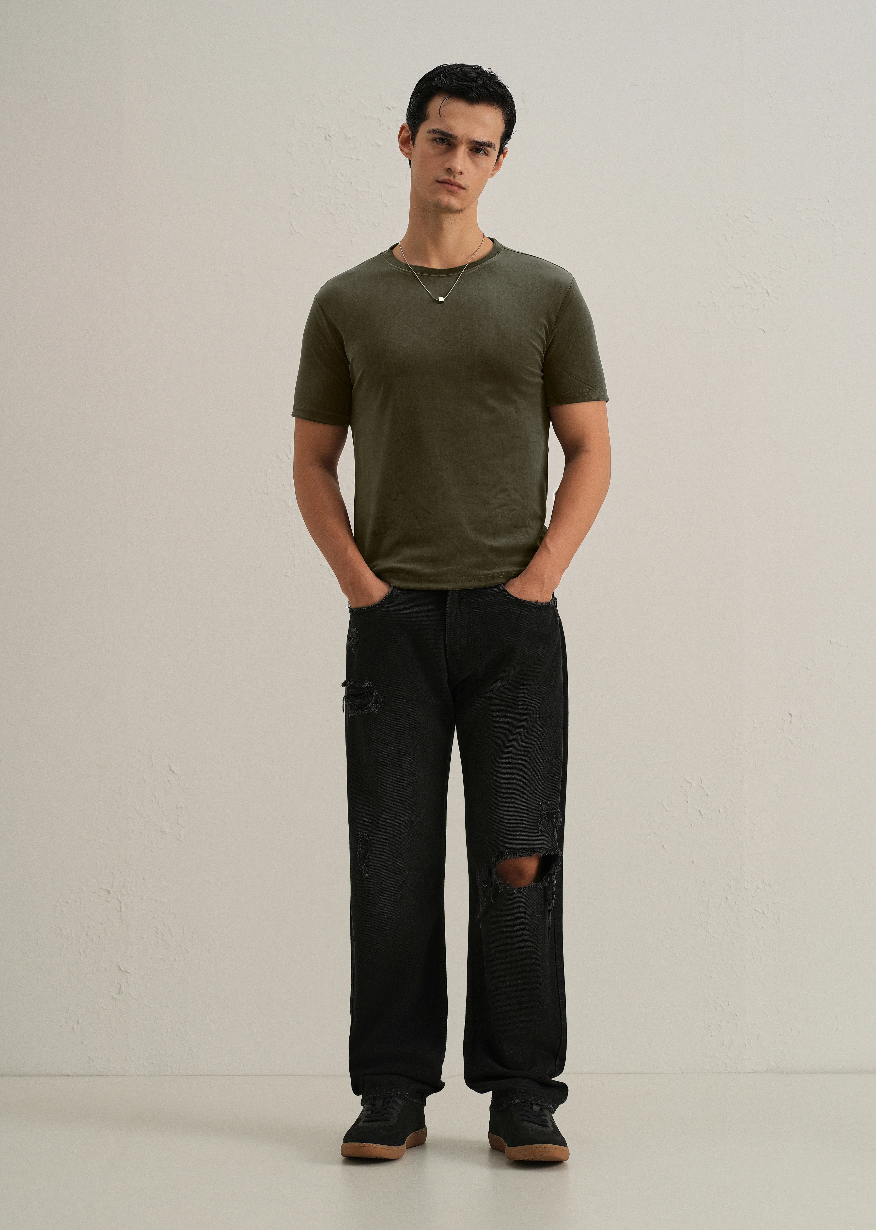 Dark Olive Plain Suede T-shirt - Image 6