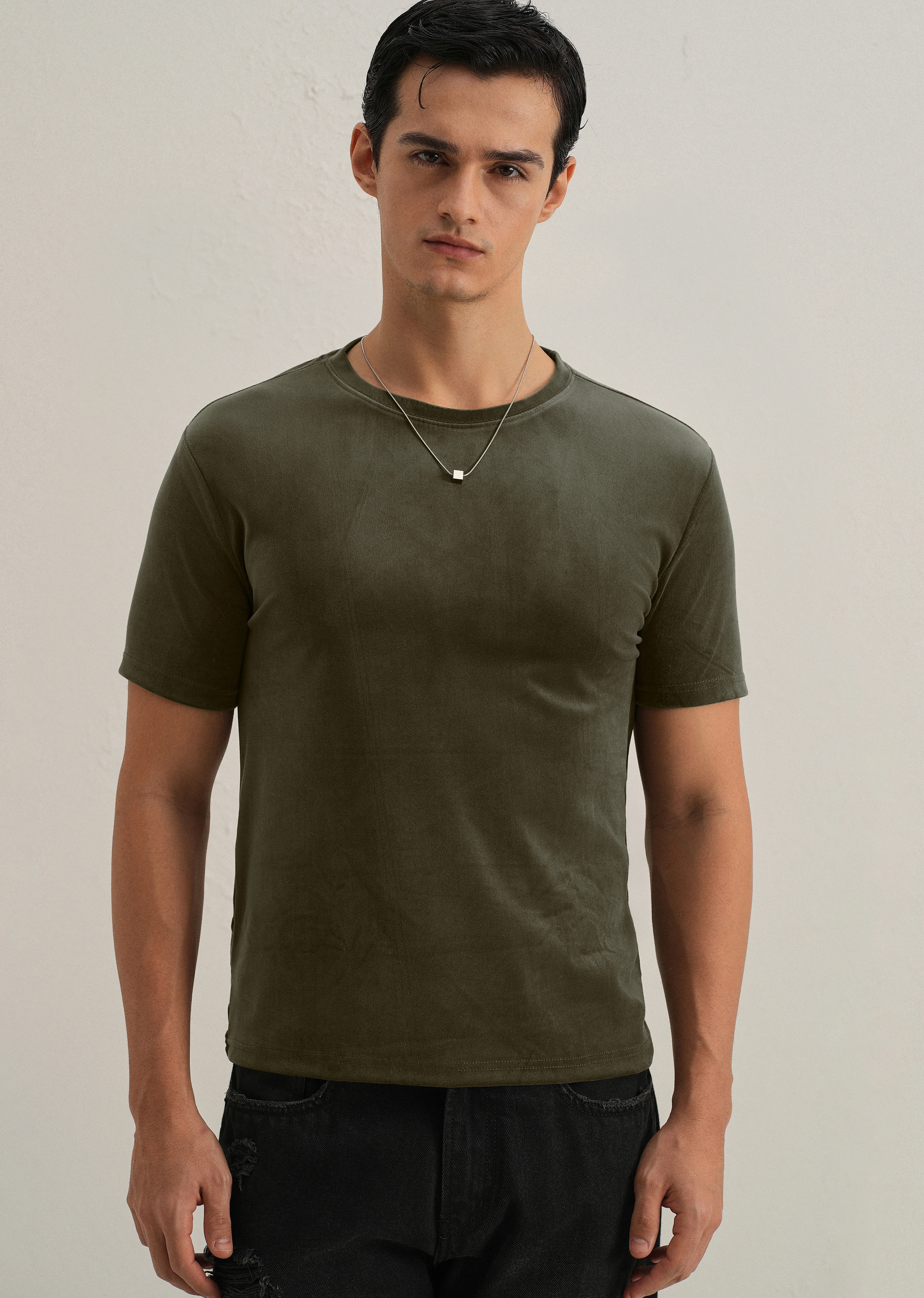 Dark Olive Plain Suede T-shirt - Image 7