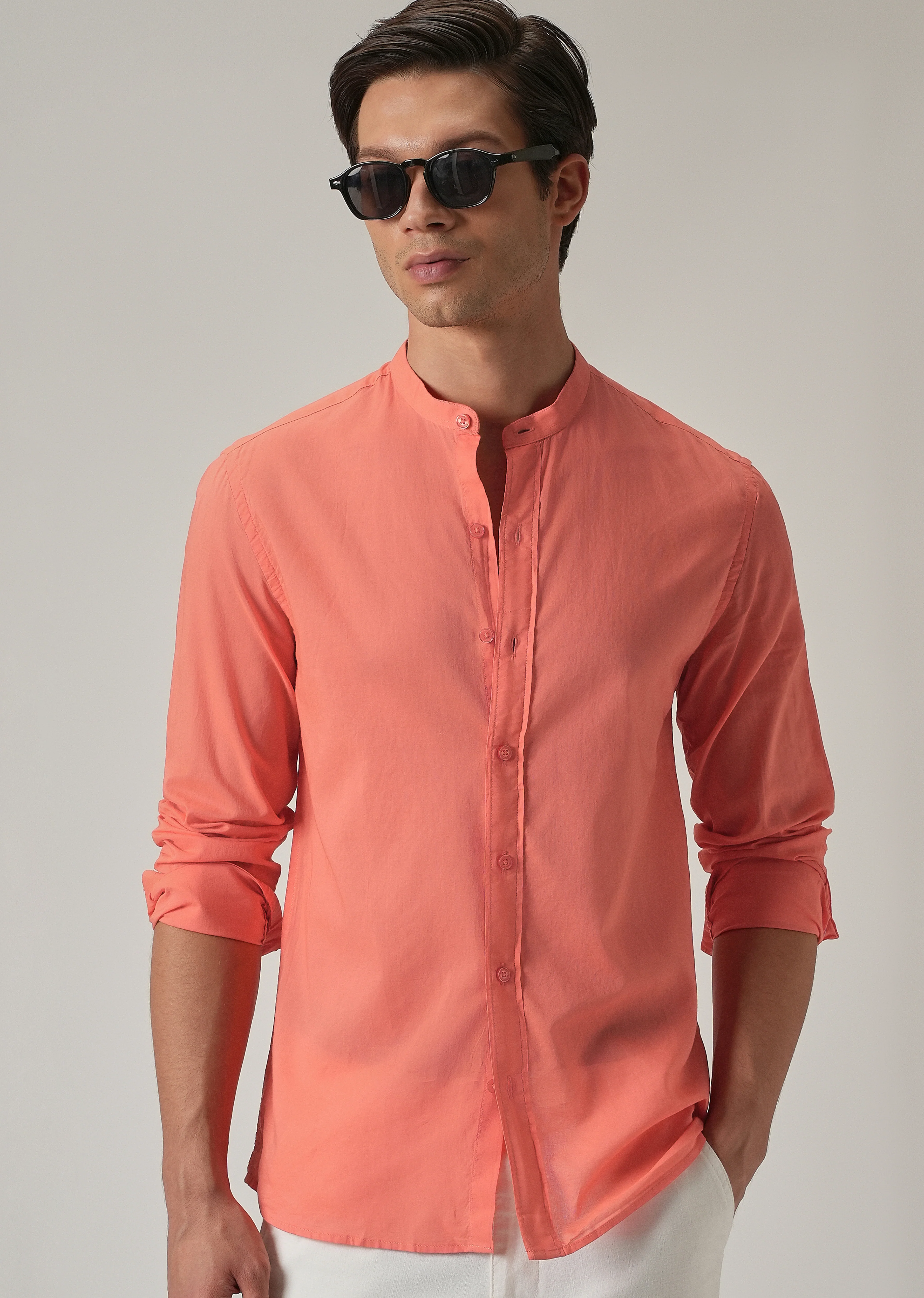 Dark Peach Plain Cotton Shirt - Image 7