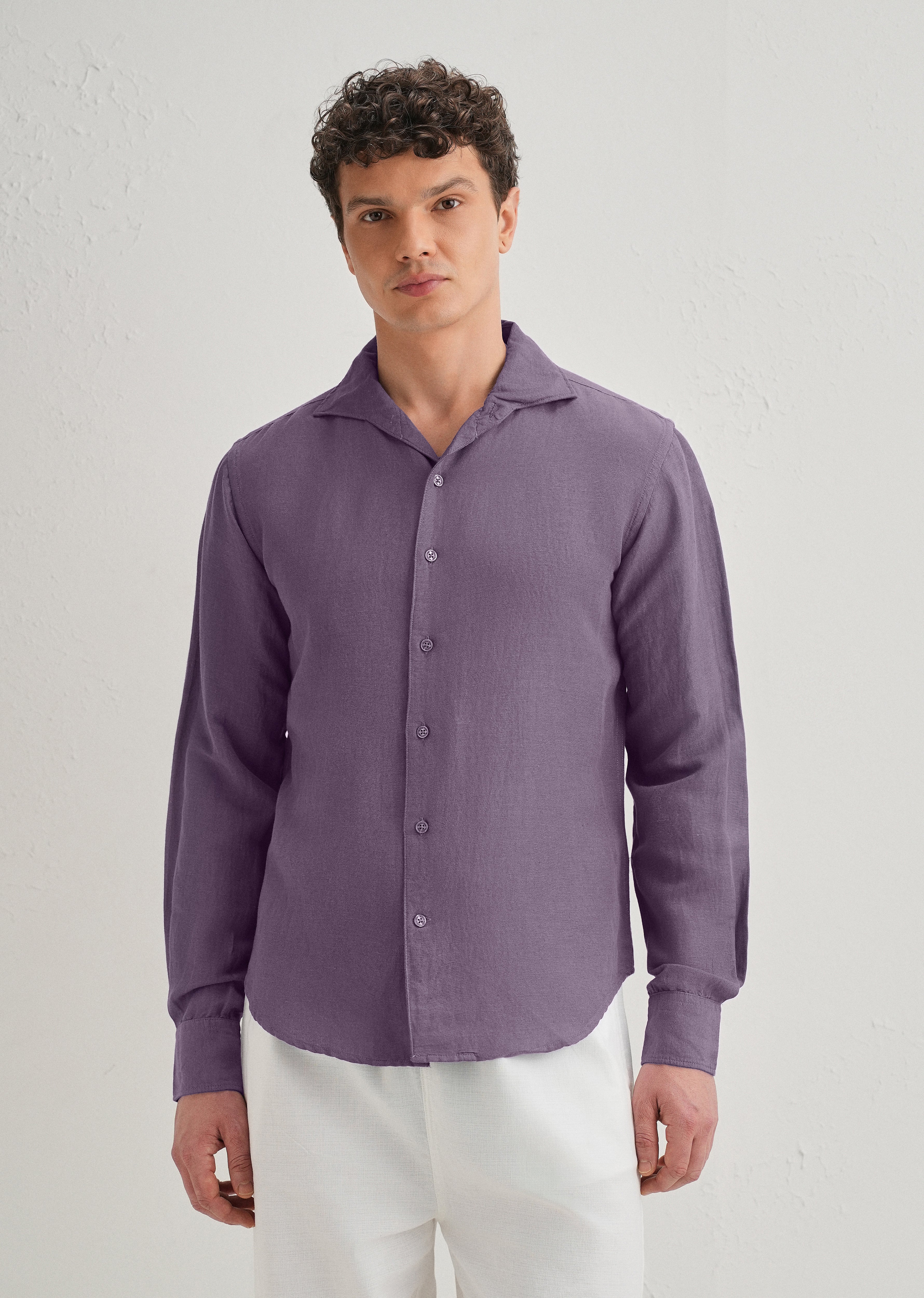Dark Purple Plain Linen Viscose Shirt - Image 4