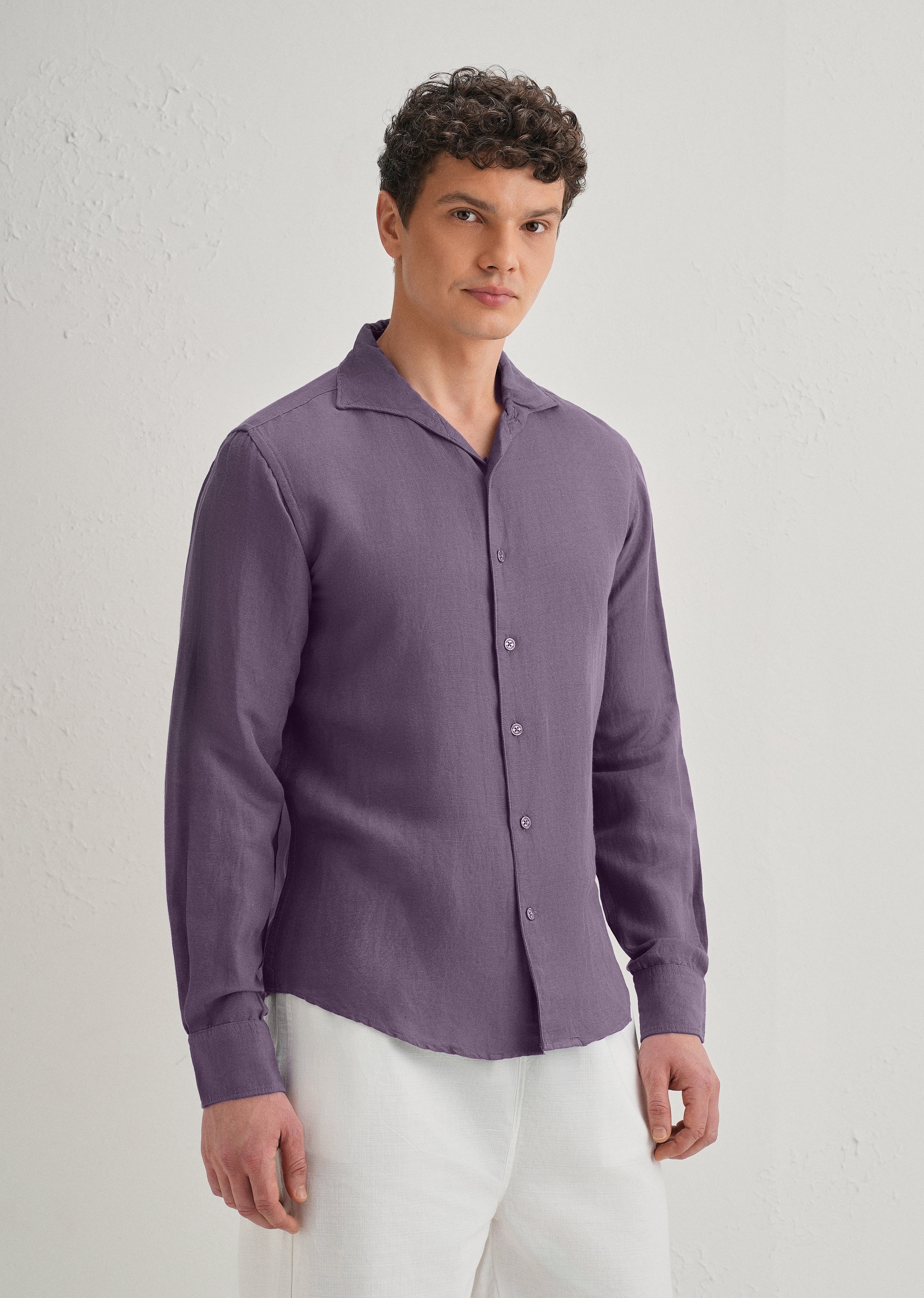 Dark Purple Plain Linen Viscose Shirt - Image 5
