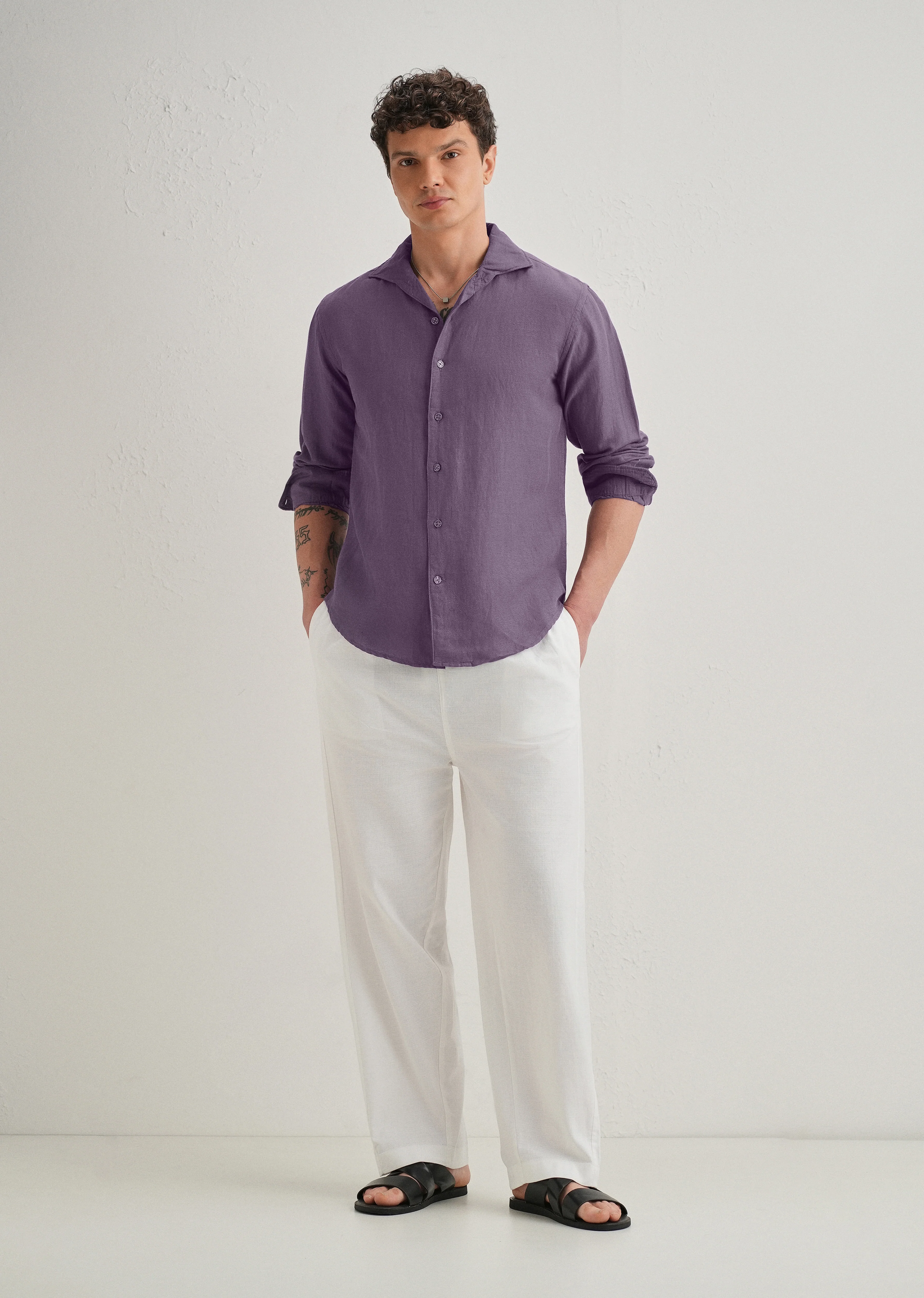 Dark Purple Plain Linen Viscose Shirt - Image 6