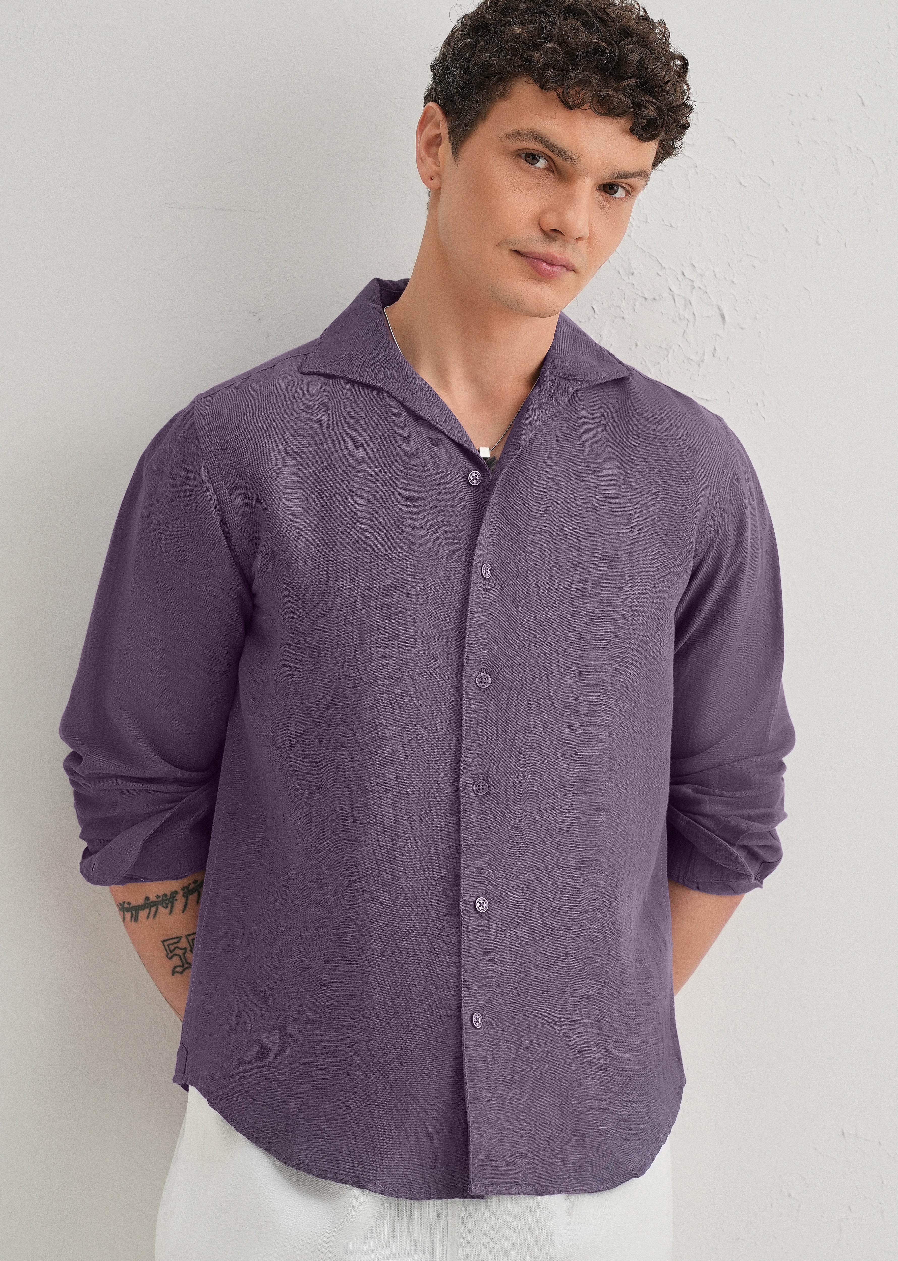 Dark Purple Plain Linen Viscose Shirt - Image 7