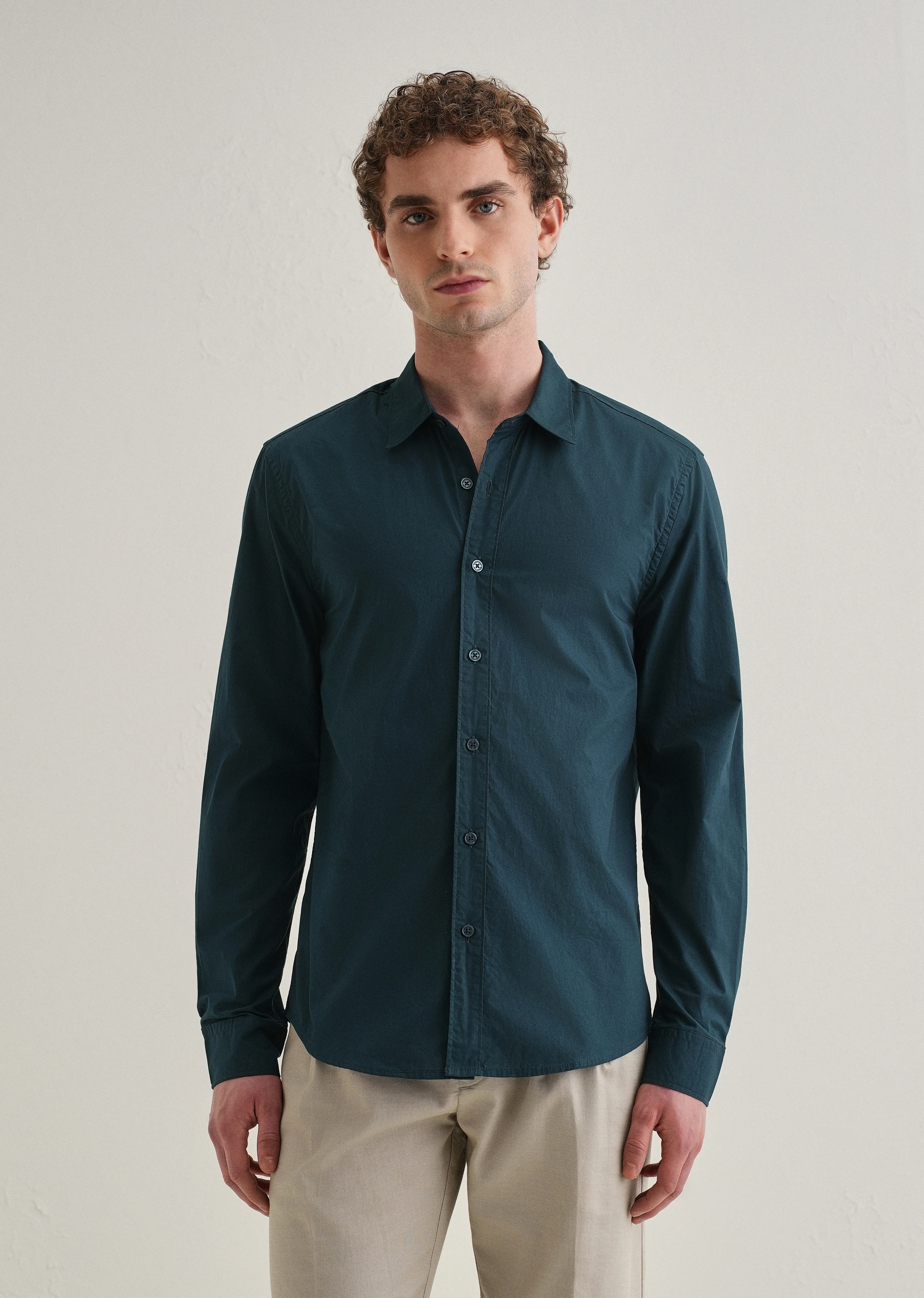 Dark Teal Blue Plain Cotton Shirt - Image 3