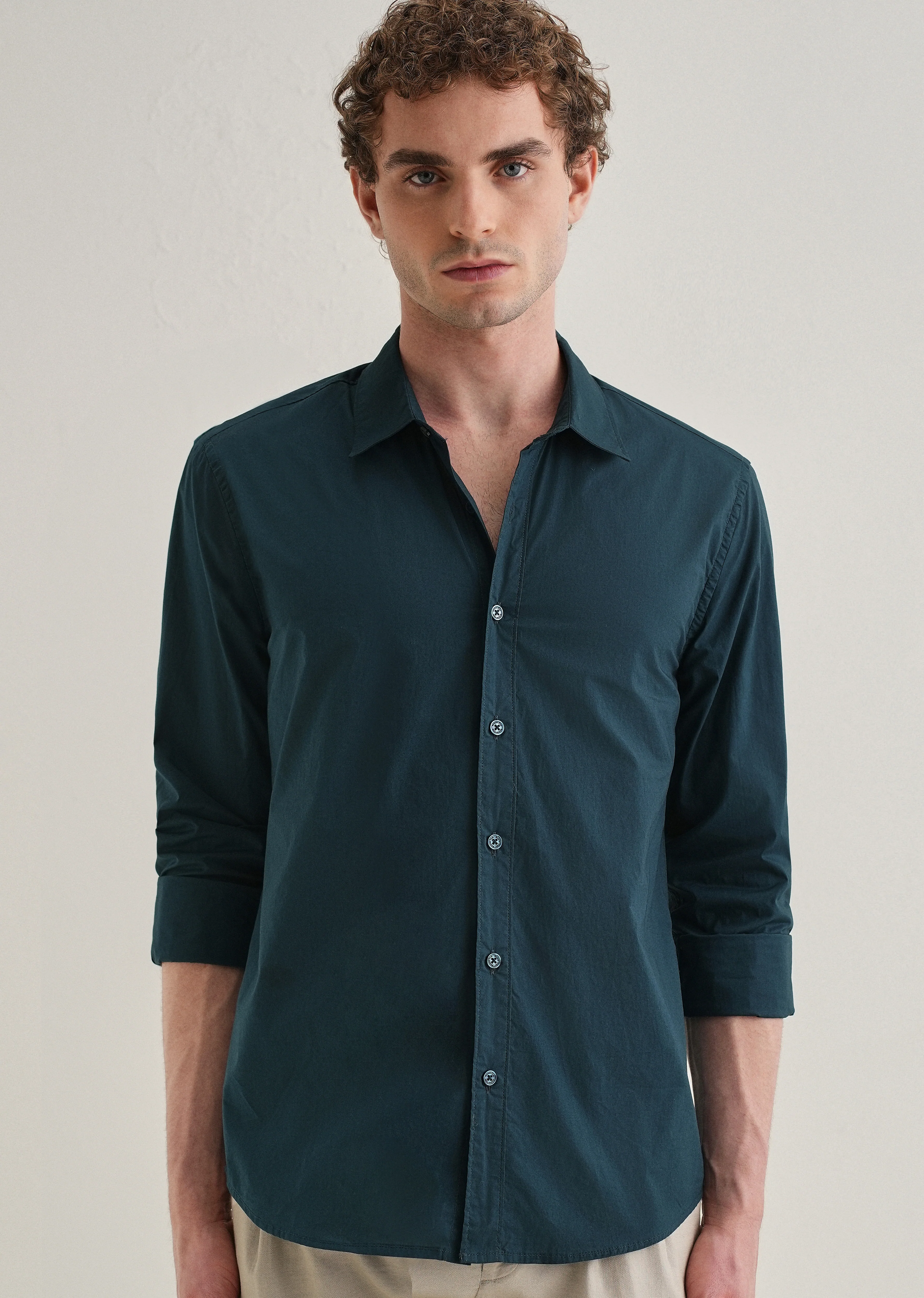 Dark Teal Blue Plain Cotton Shirt - Image 7