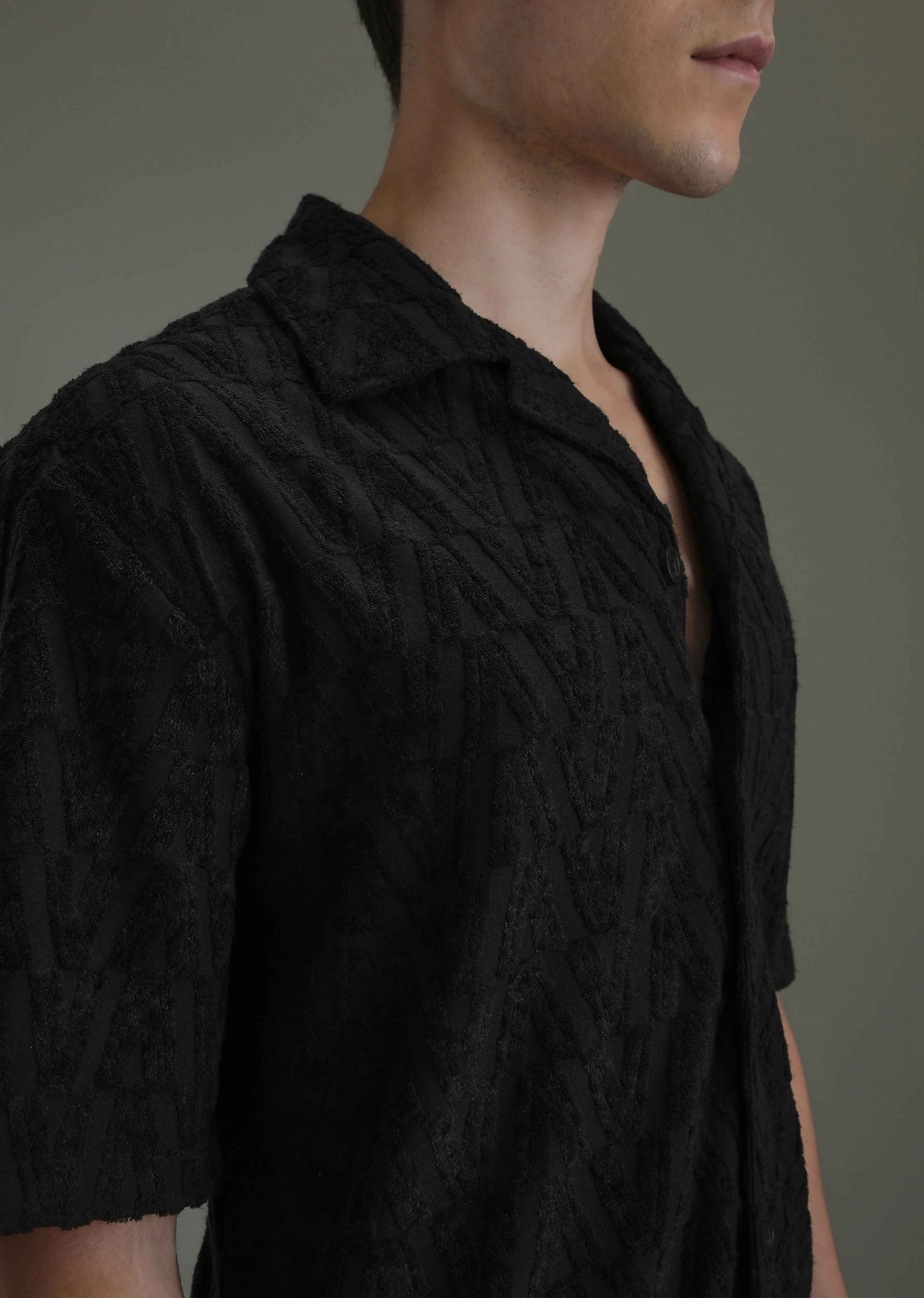 Deep Black Jacquard Knitted Shirt - Image 2
