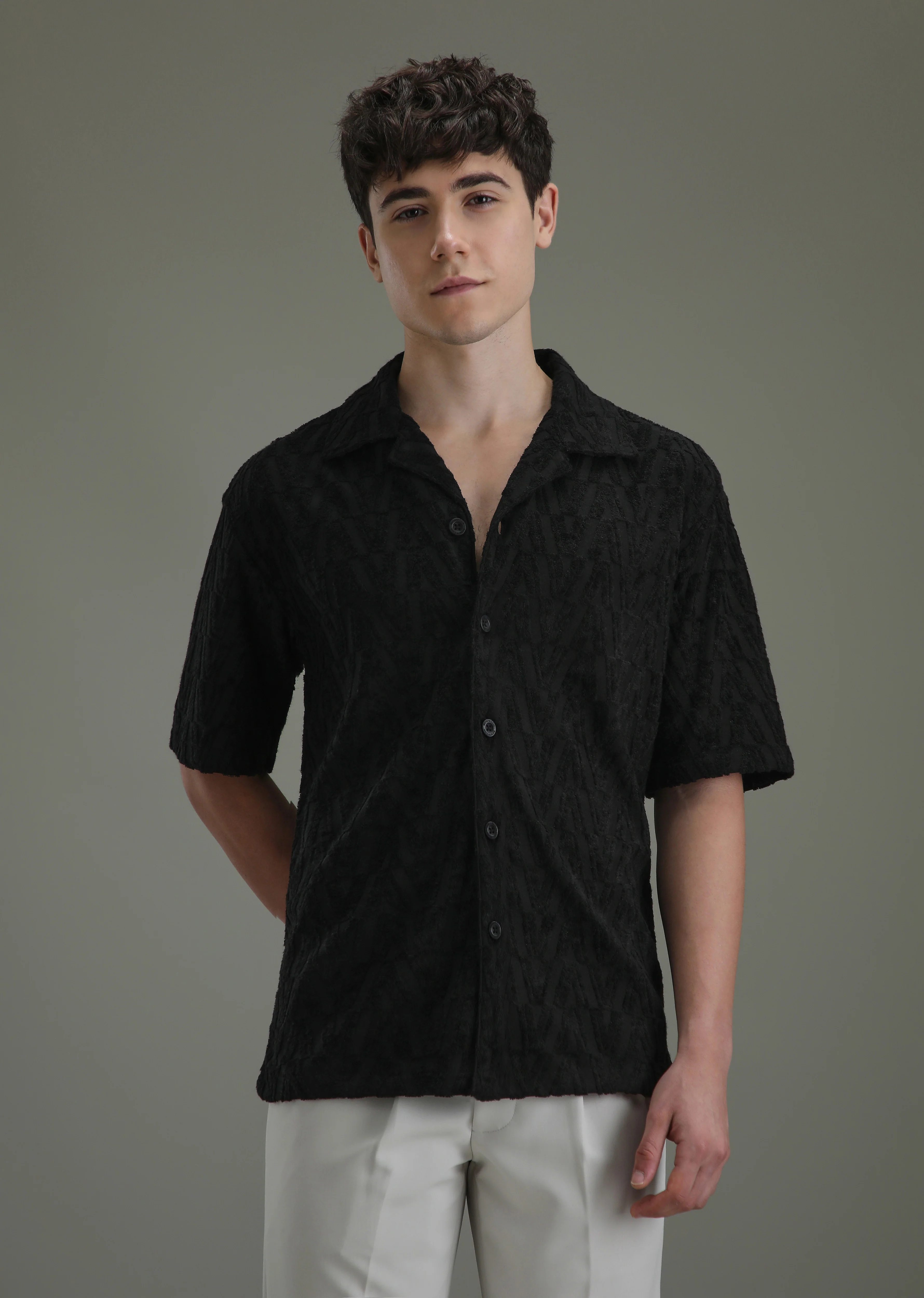 Deep Black Jacquard Knitted Shirt - Image 3