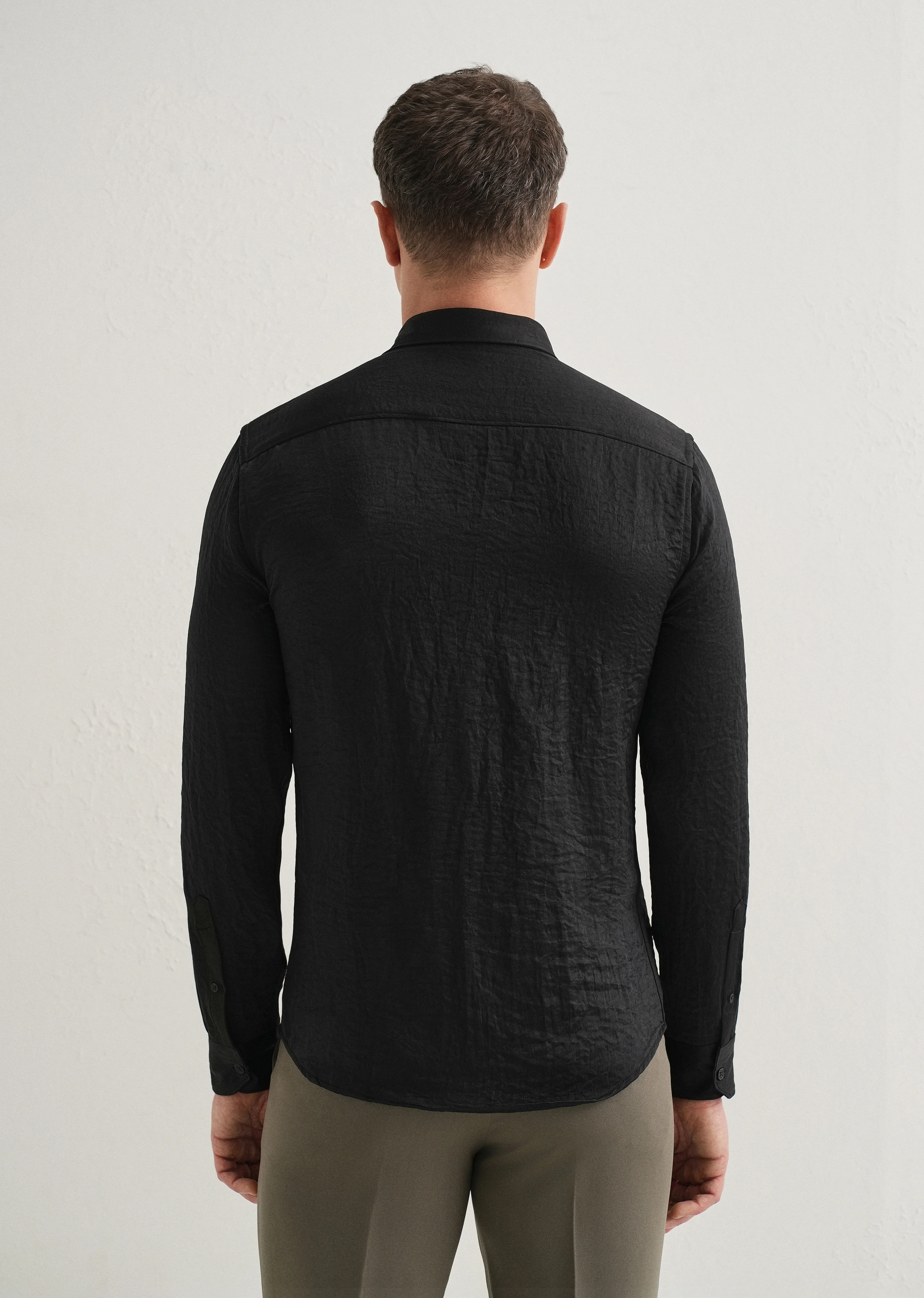 Deep Black Plain Crushed Satin Shirt - Image 2