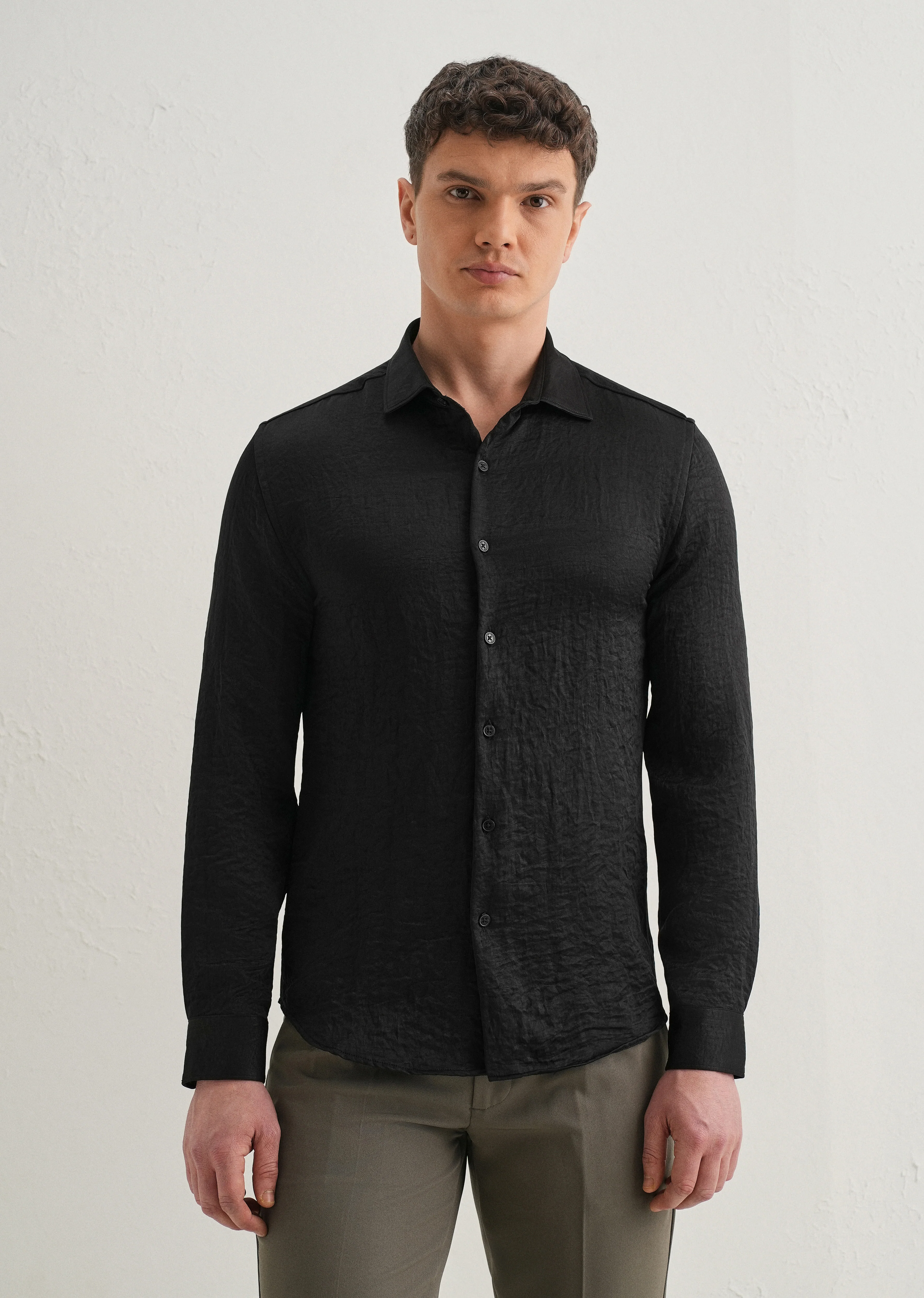 Deep Black Plain Crushed Satin Shirt - Image 3