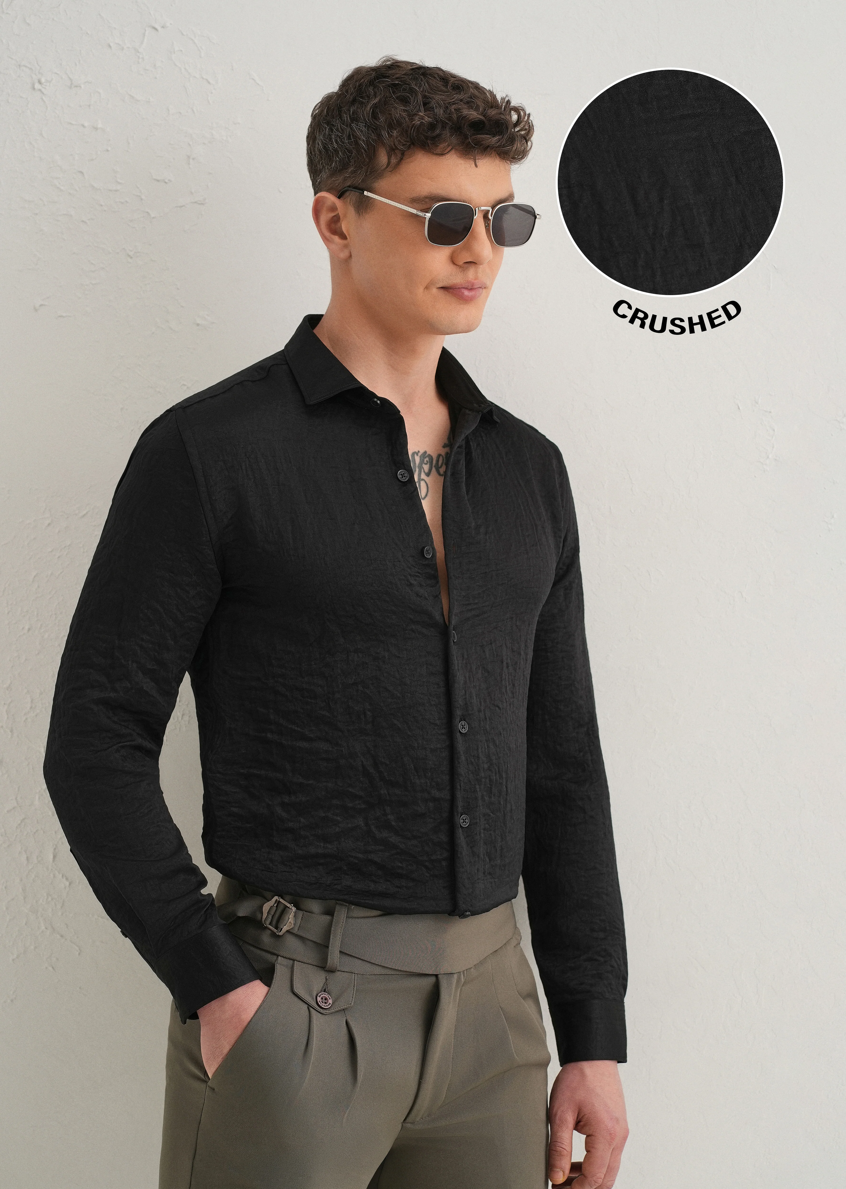 Deep Black Plain Crushed Satin Shirt - Image 7