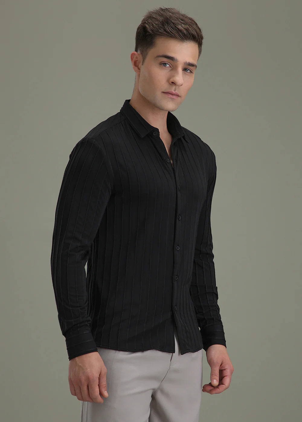 Deep Black Plain Stripe Shirt - Image 5