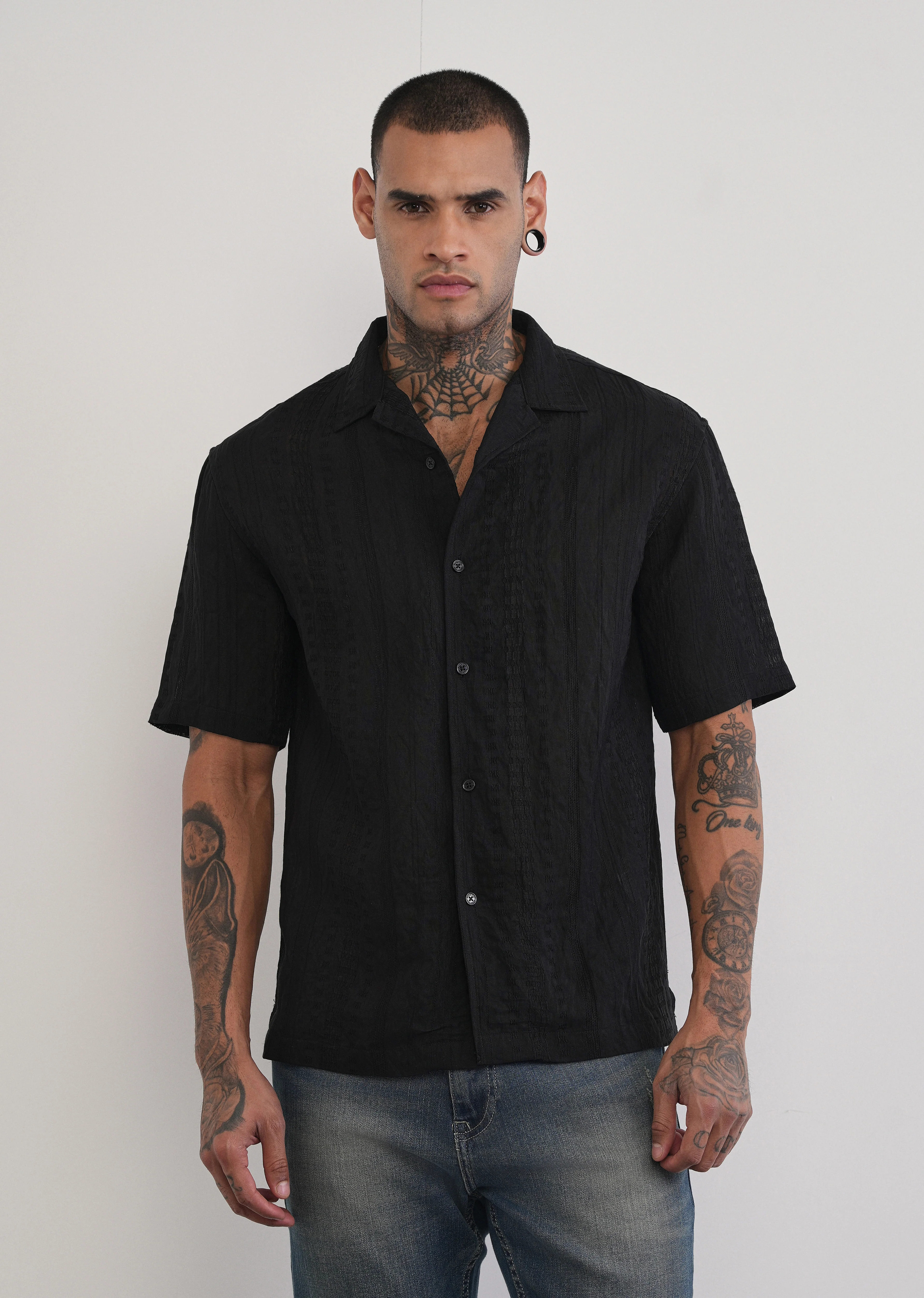 Deep Black Self Patterned Shirt - Image 3