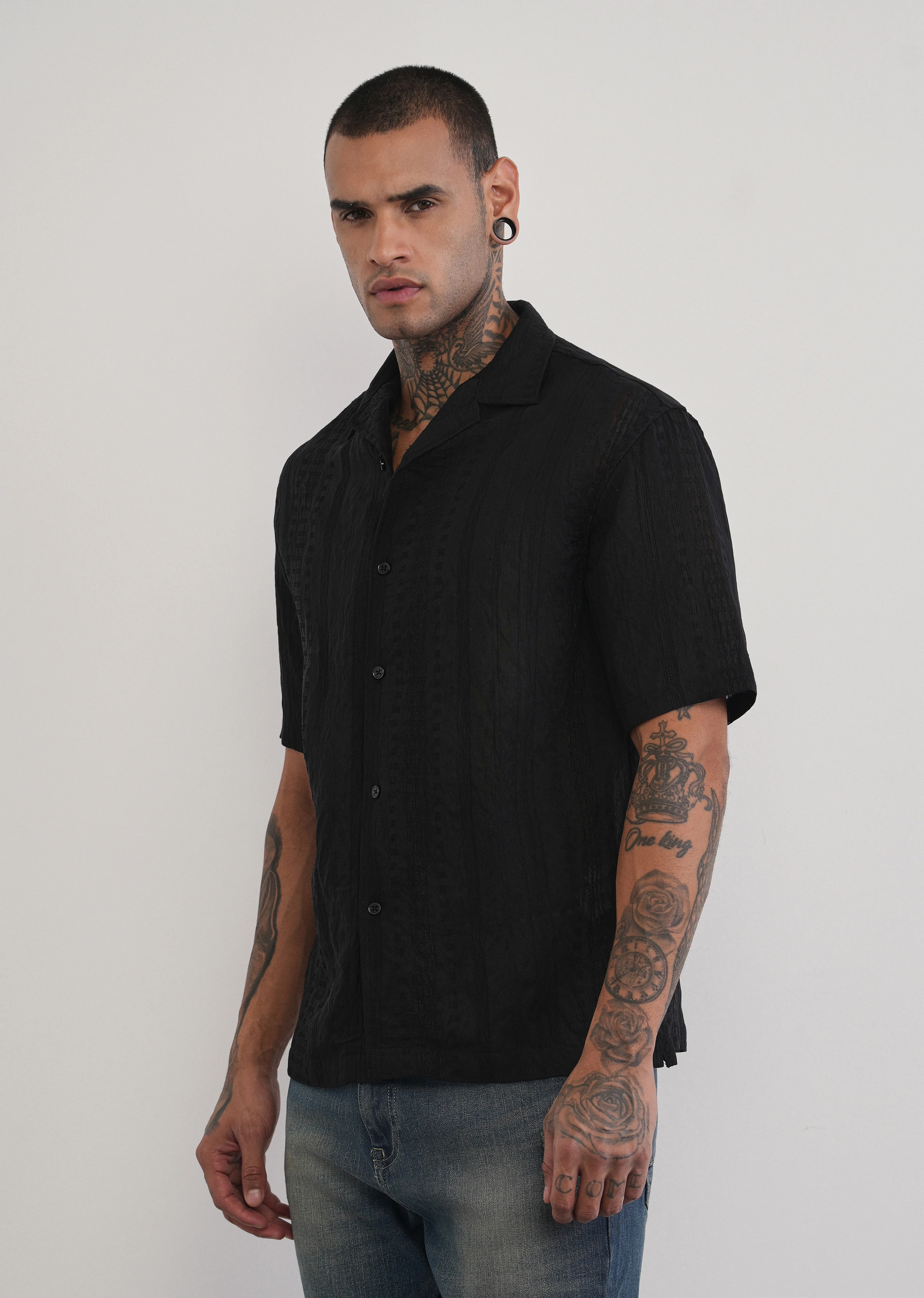 Deep Black Self Patterned Shirt - Image 4