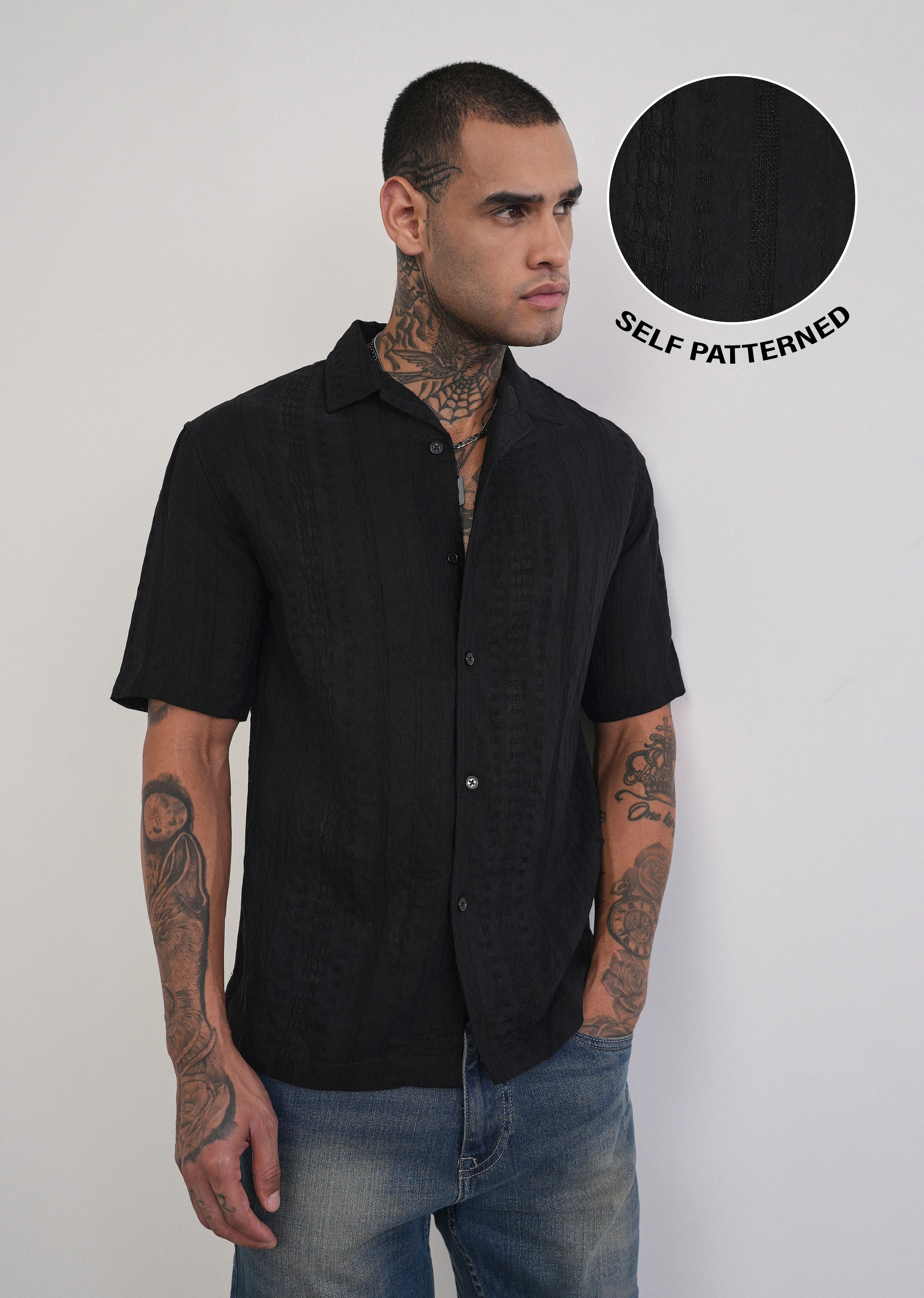 Deep Black Self Patterned Shirt - Image 7