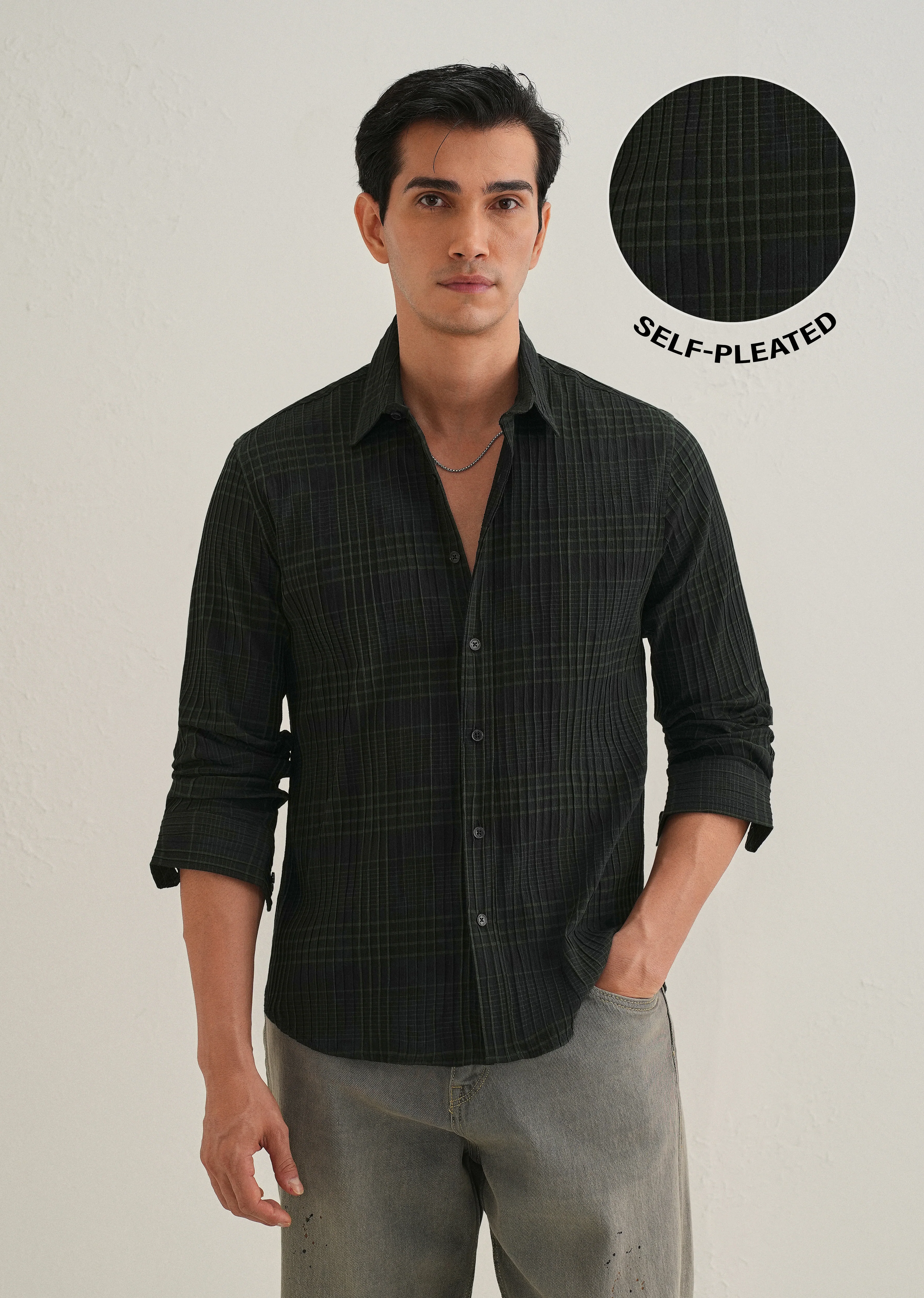 Deep Black Self-Pleated Check Shirt - Image 7