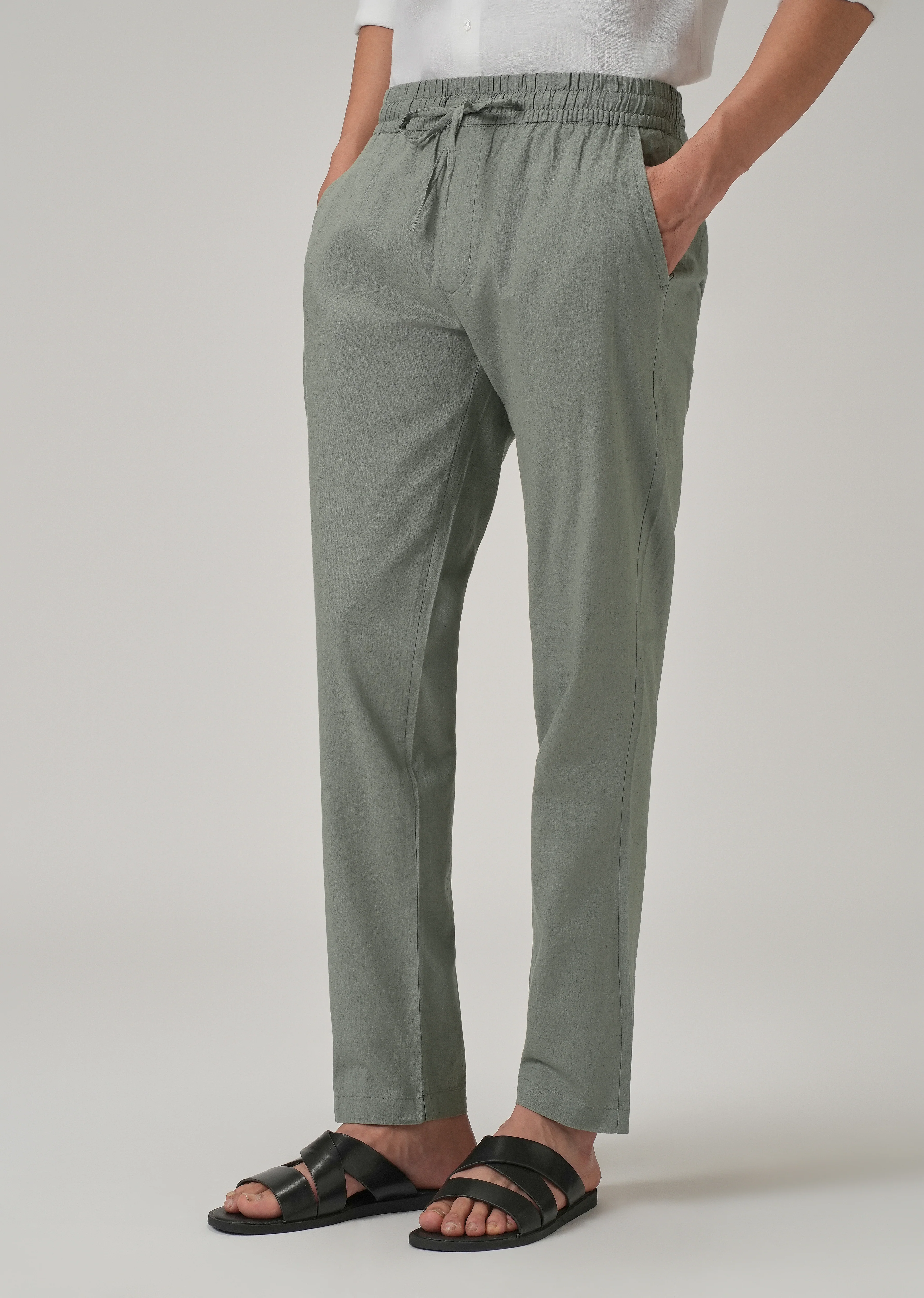 Drawstring Olive Grey Linen Pant - Image 4