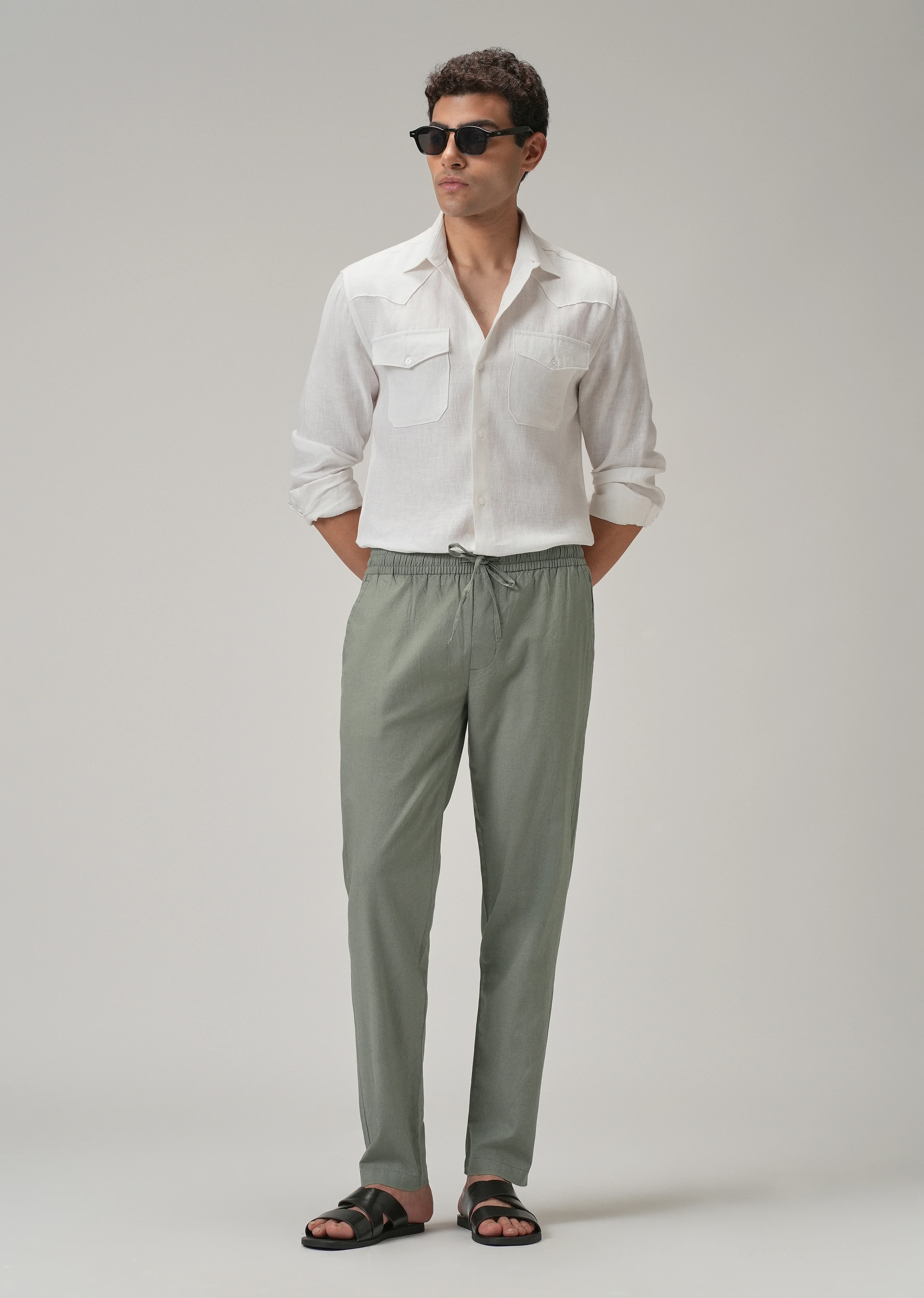 Drawstring Olive Grey Linen Pant - Image 6