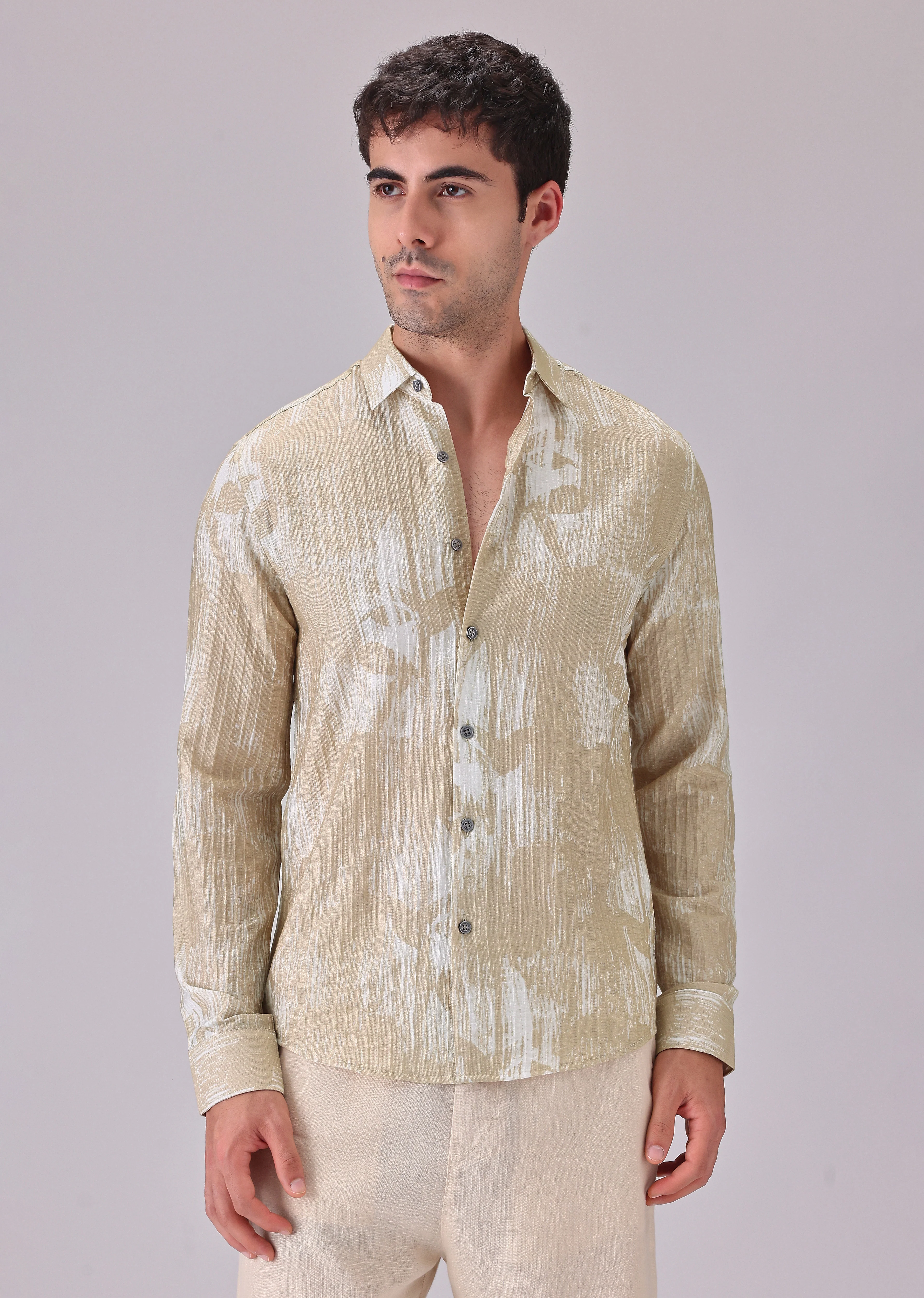 Dual Tone Beige Printed Shirt - Image 3