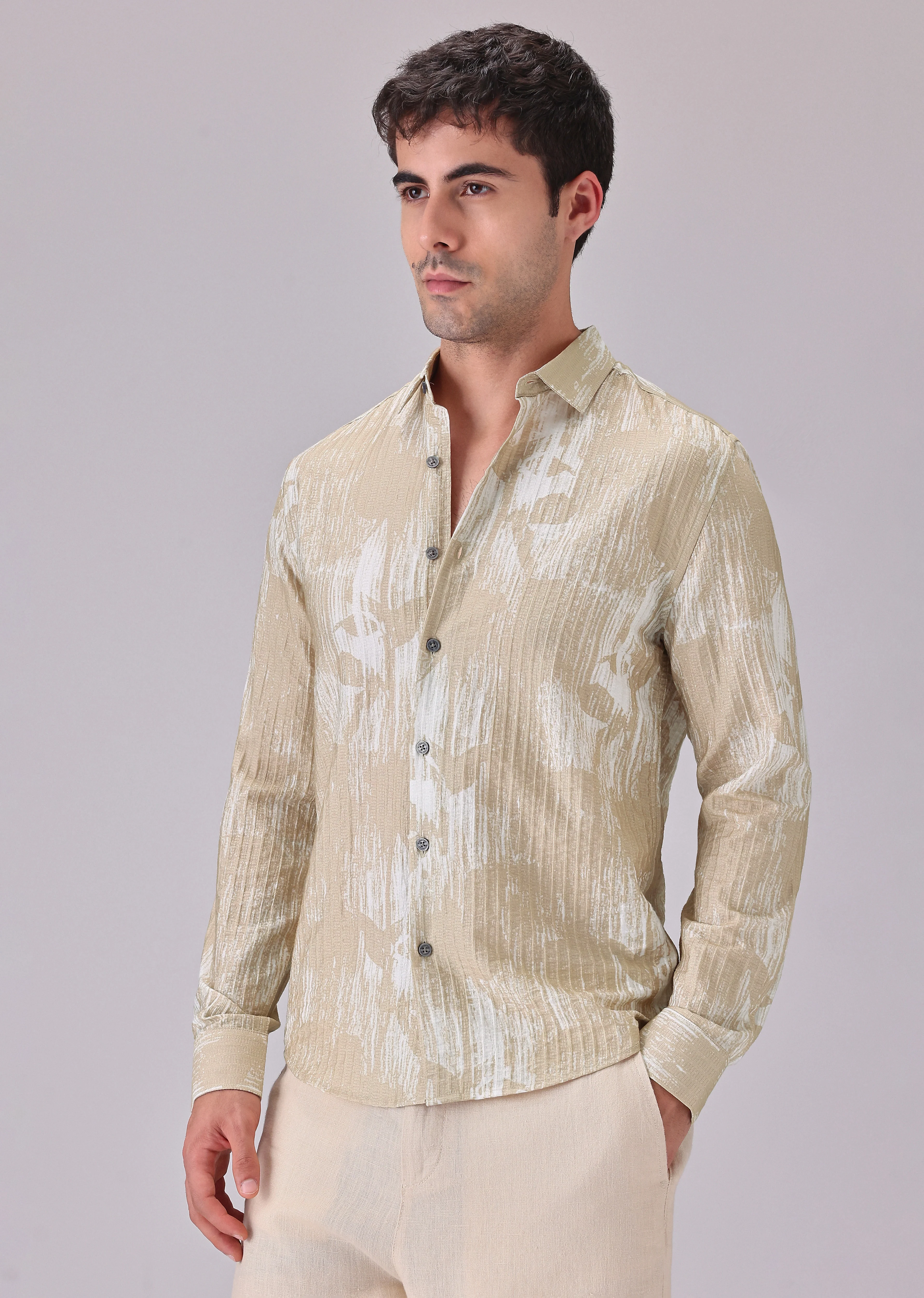 Dual Tone Beige Printed Shirt - Image 4