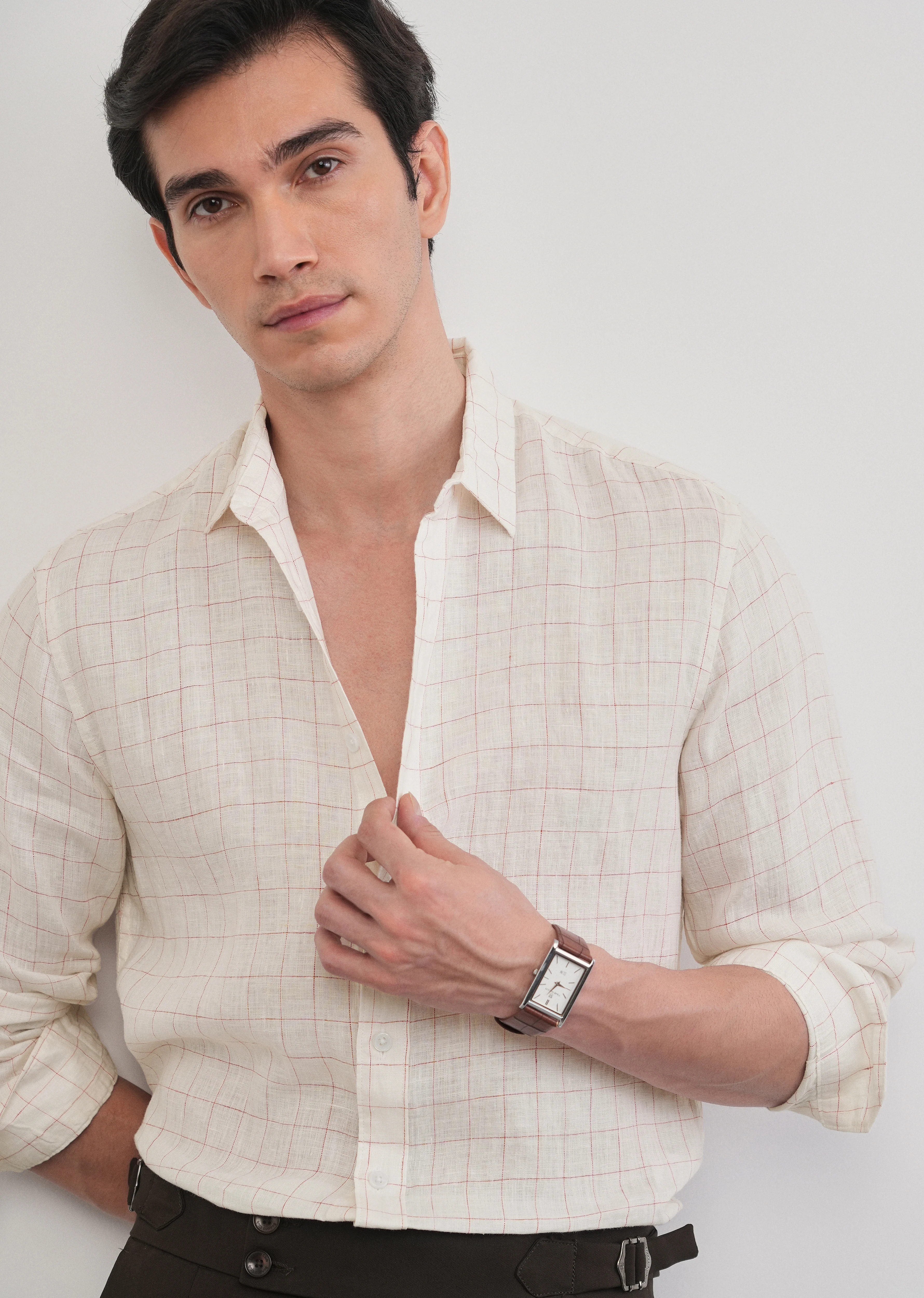 Ecru 100% Pure Linen Check Shirt - Image 10