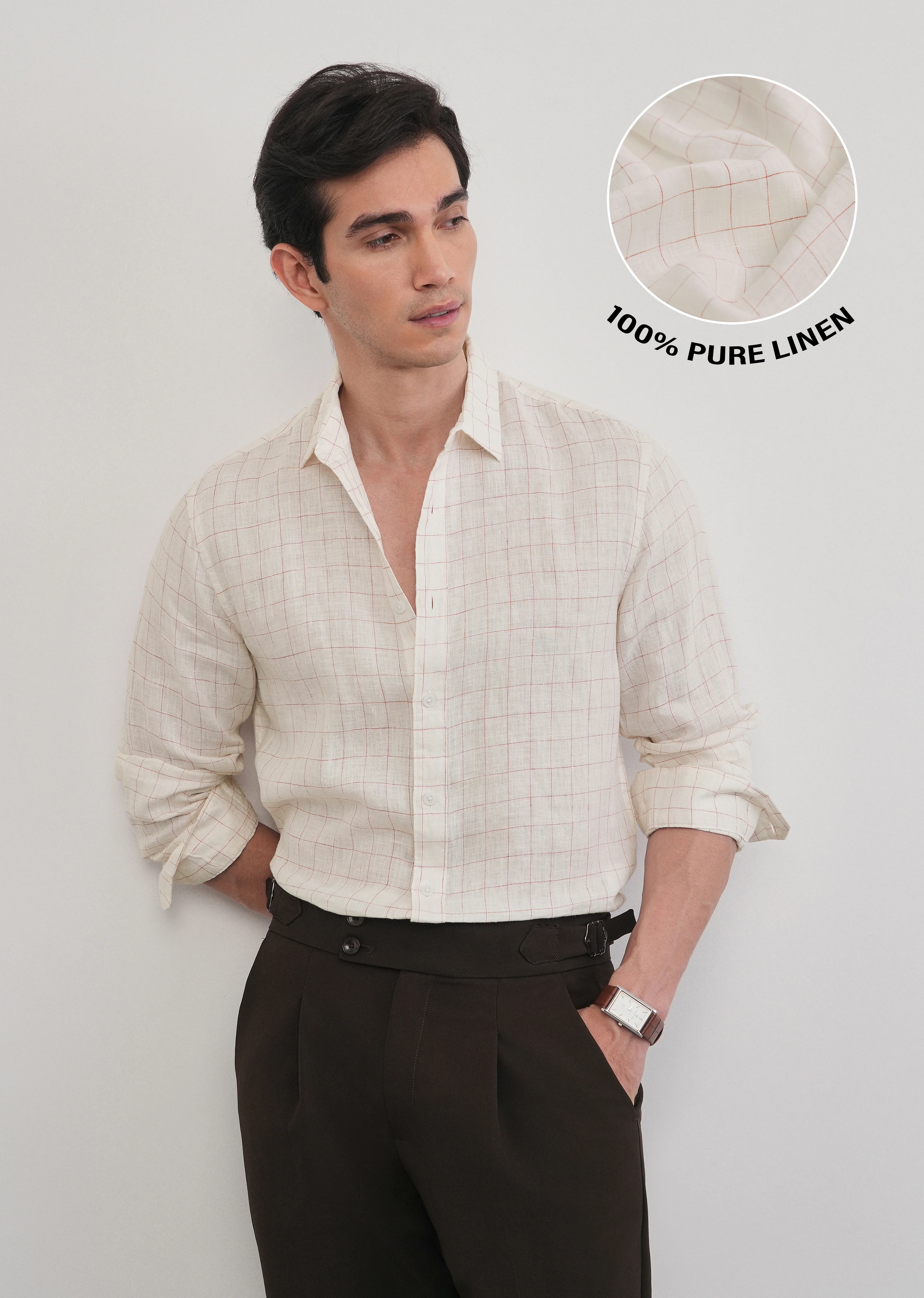 Ecru 100% Pure Linen Check Shirt - Image 12