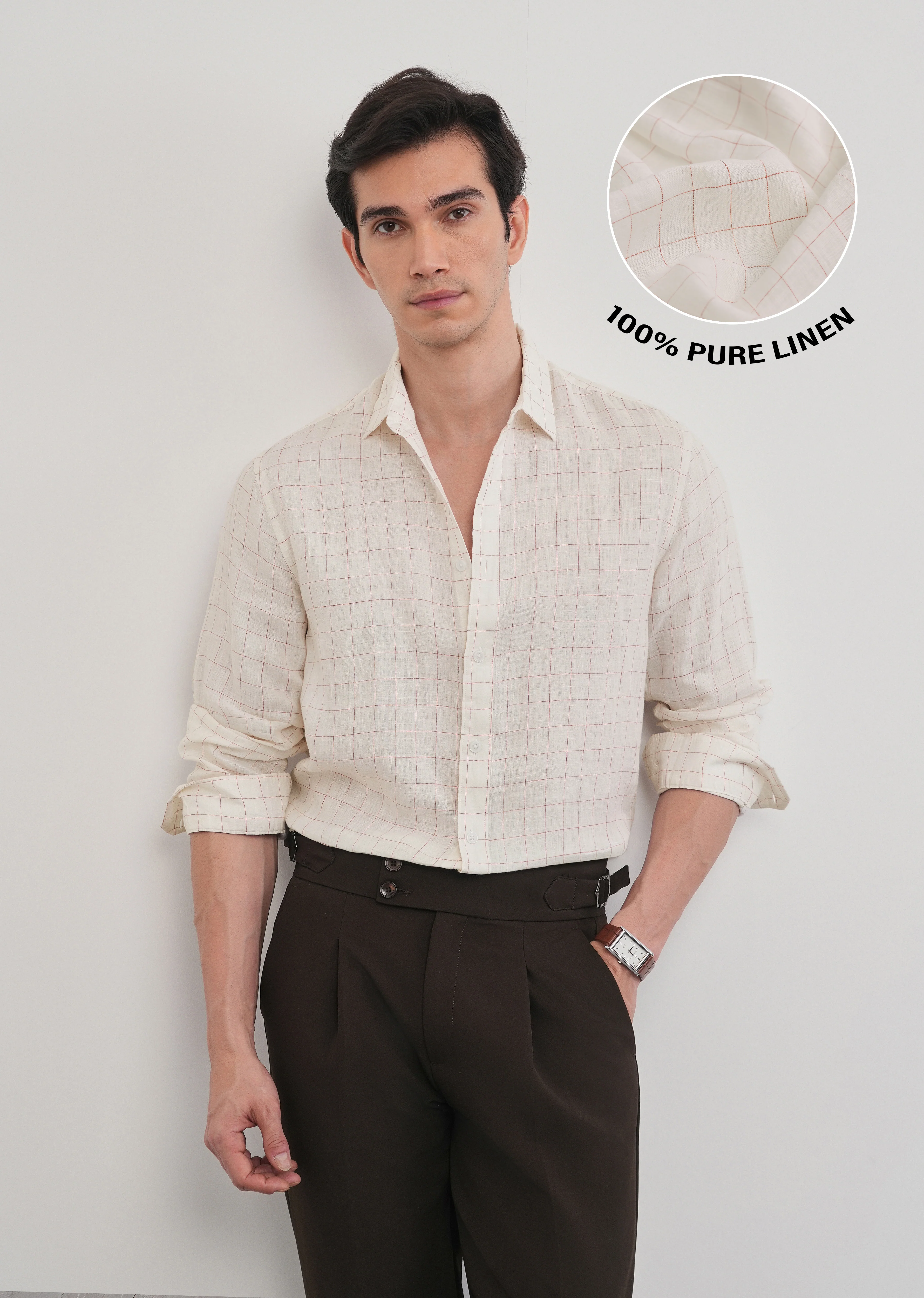 Ecru 100% Pure Linen Check Shirt - Image 2