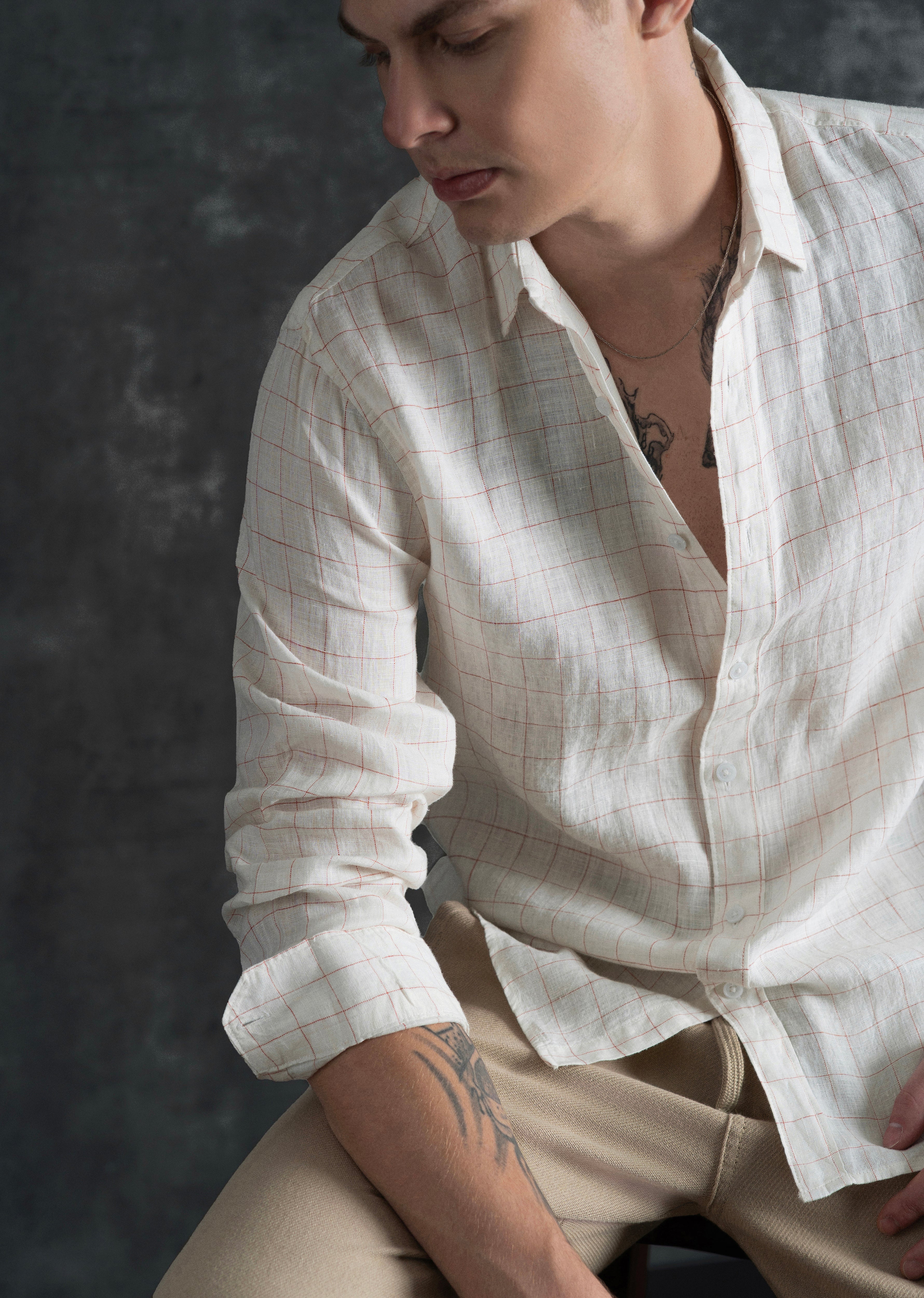 Ecru 100% Pure Linen Check Shirt - Image 4