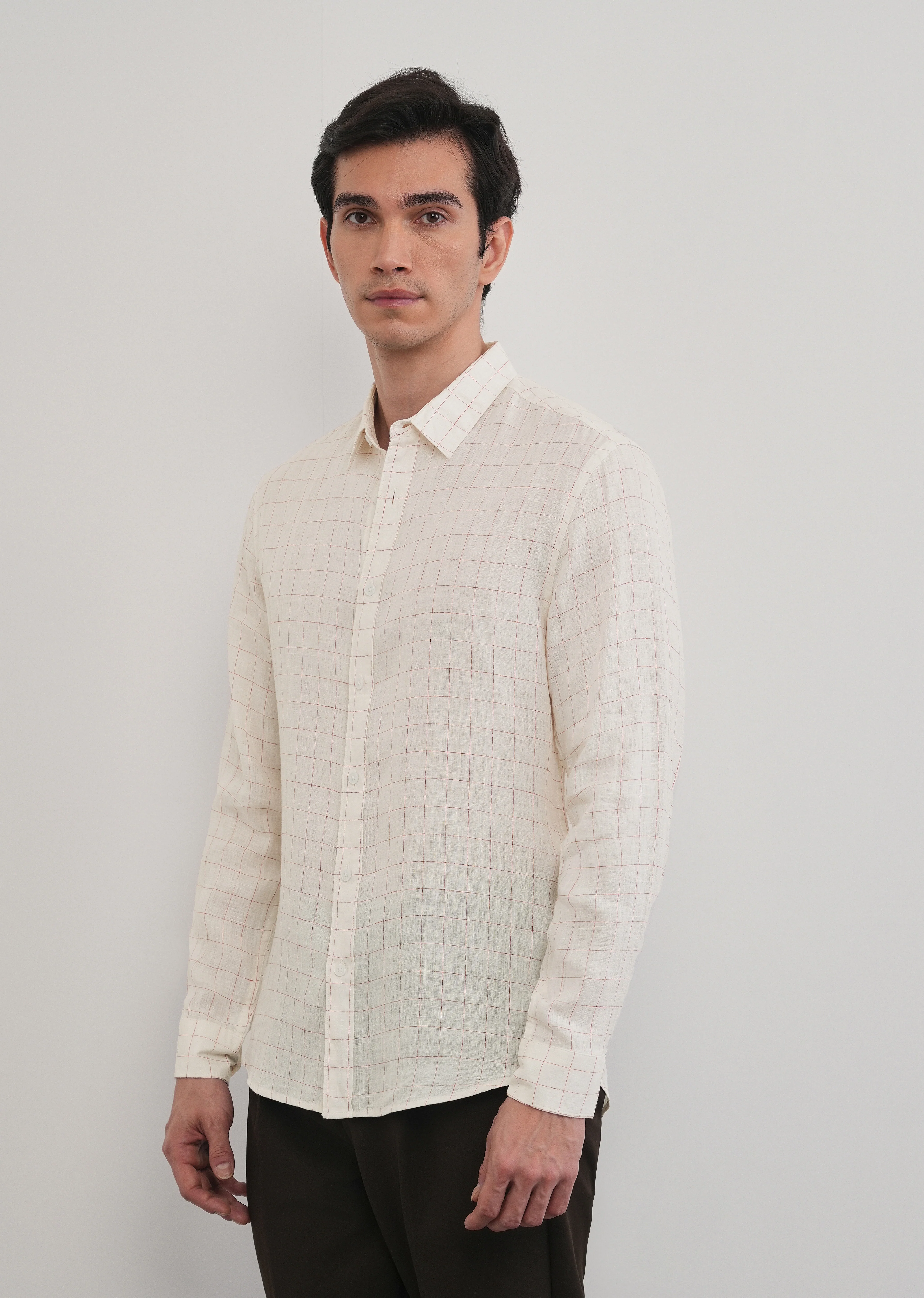 Ecru 100% Pure Linen Check Shirt - Image 7