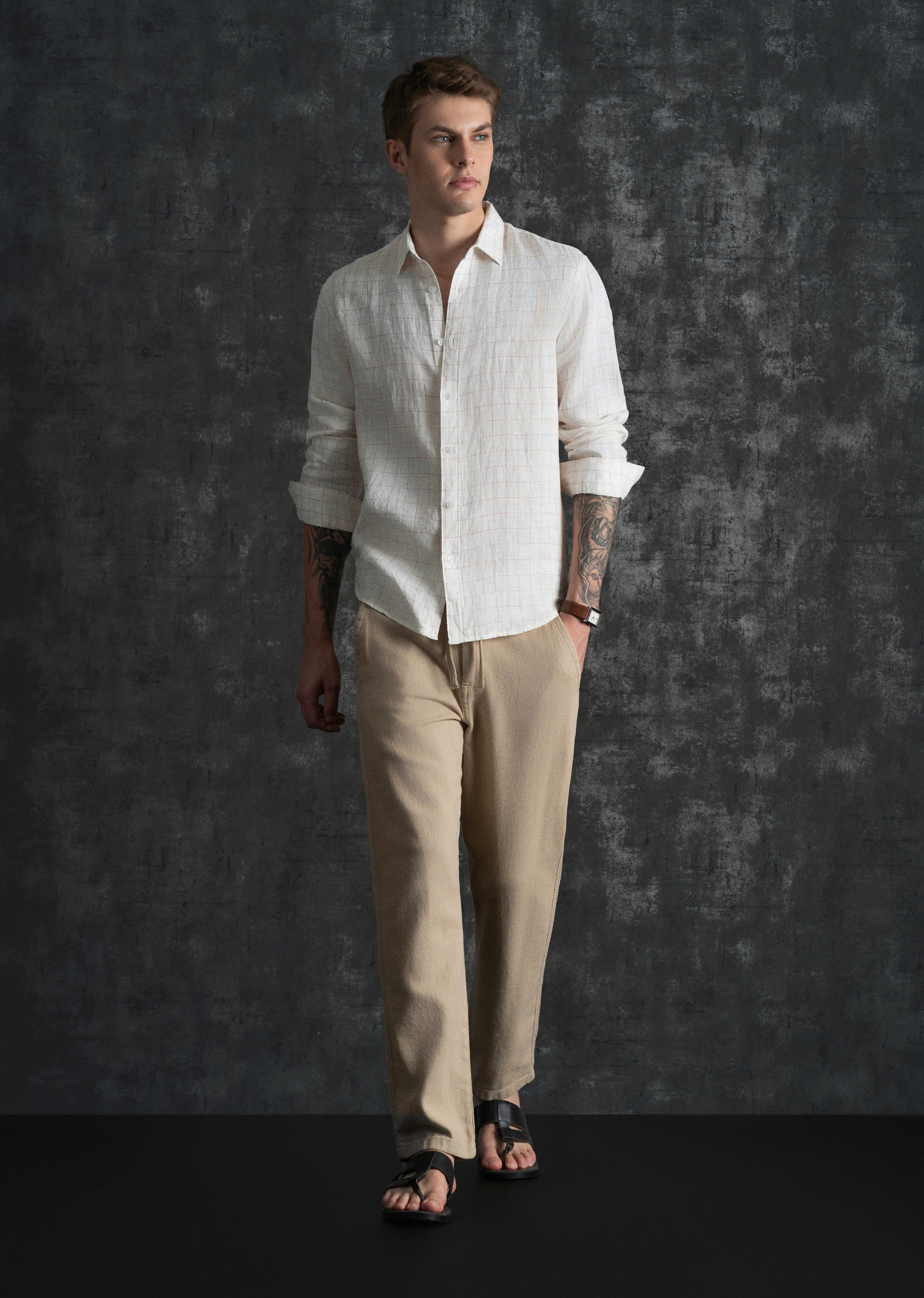 Ecru 100% Pure Linen Check Shirt - Image 8