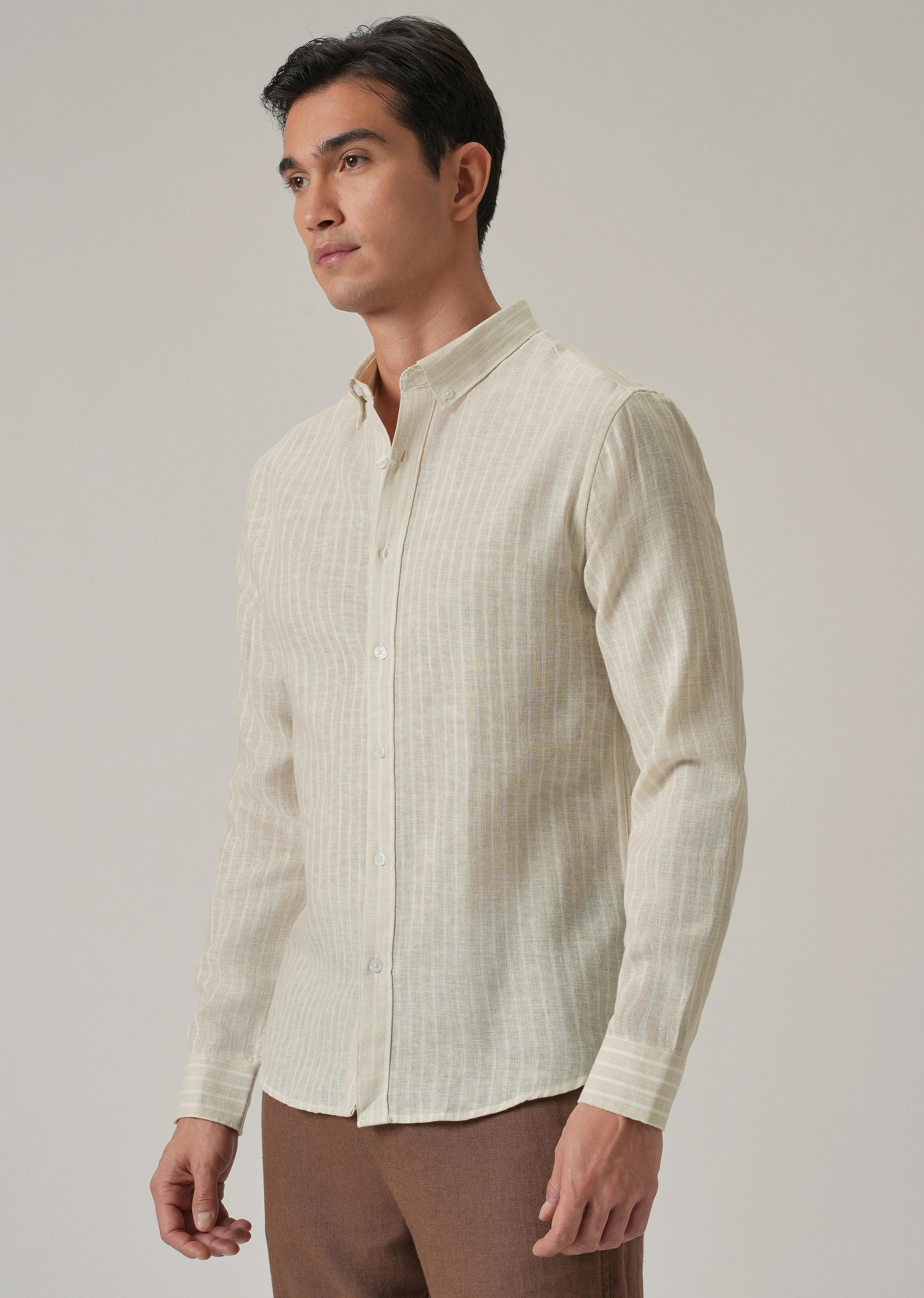 Ecru Beige Stripe Linen Shirt - Image 4