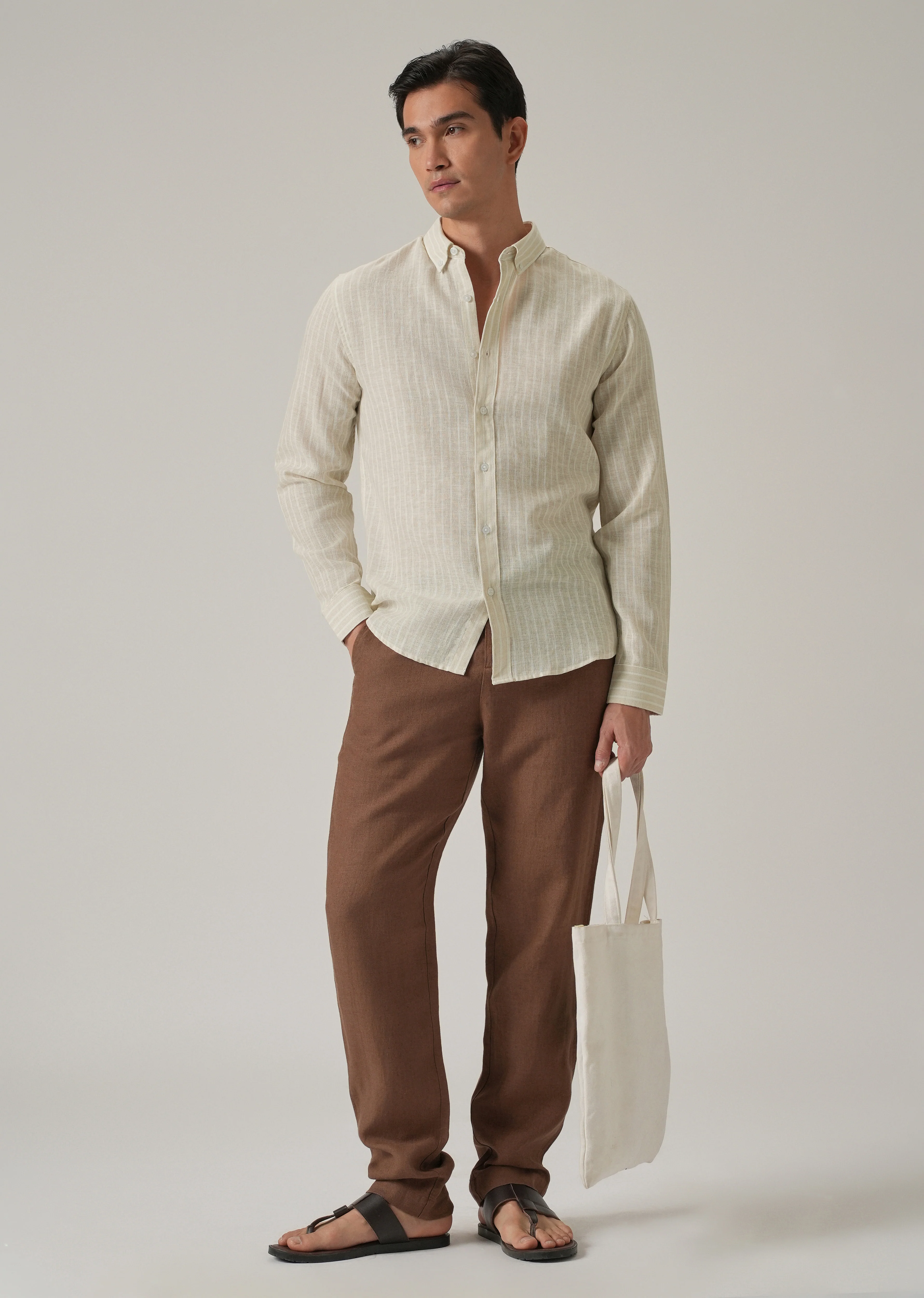 Ecru Beige Stripe Linen Shirt - Image 6