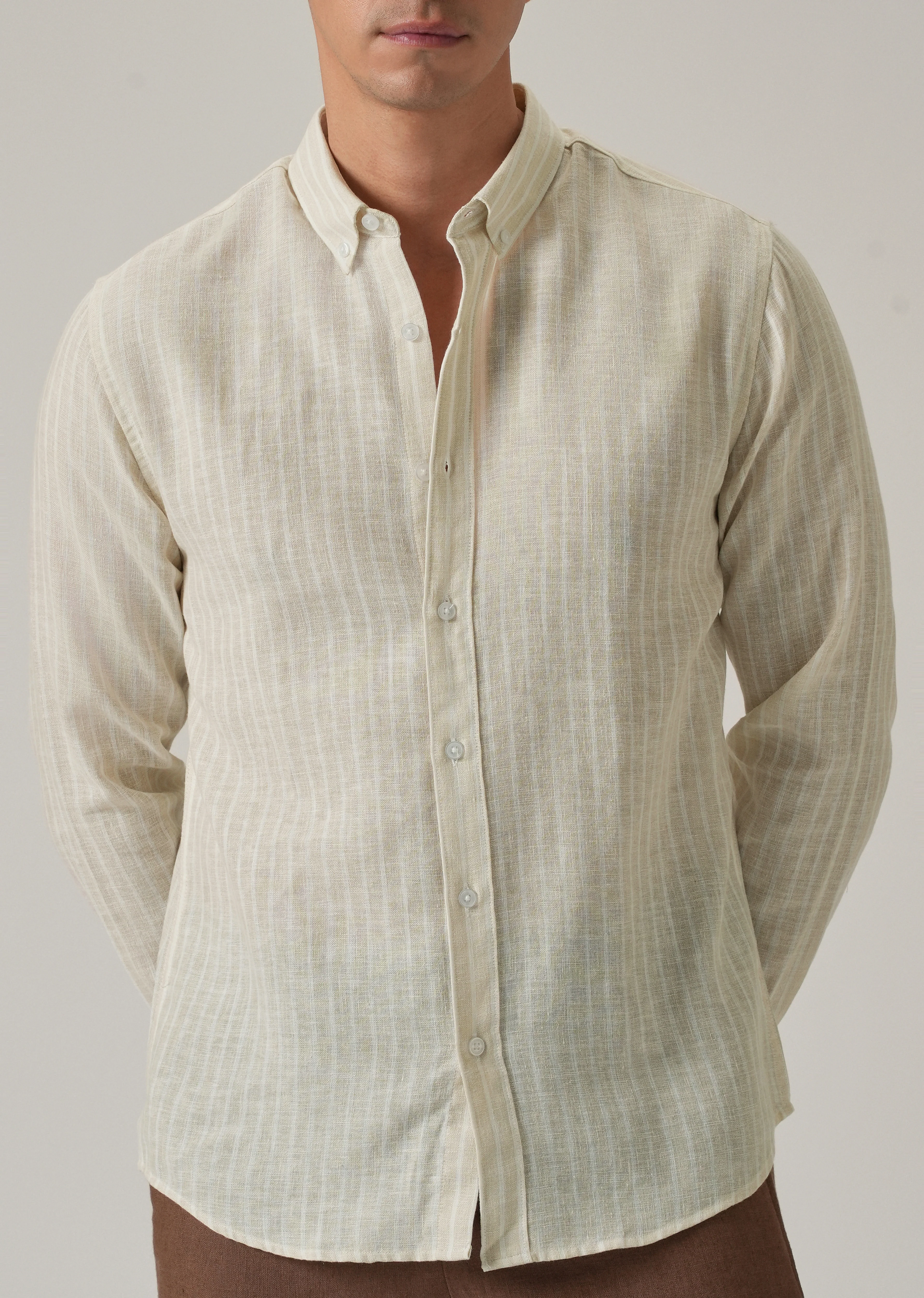 Ecru Beige Stripe Linen Shirt - Image 7