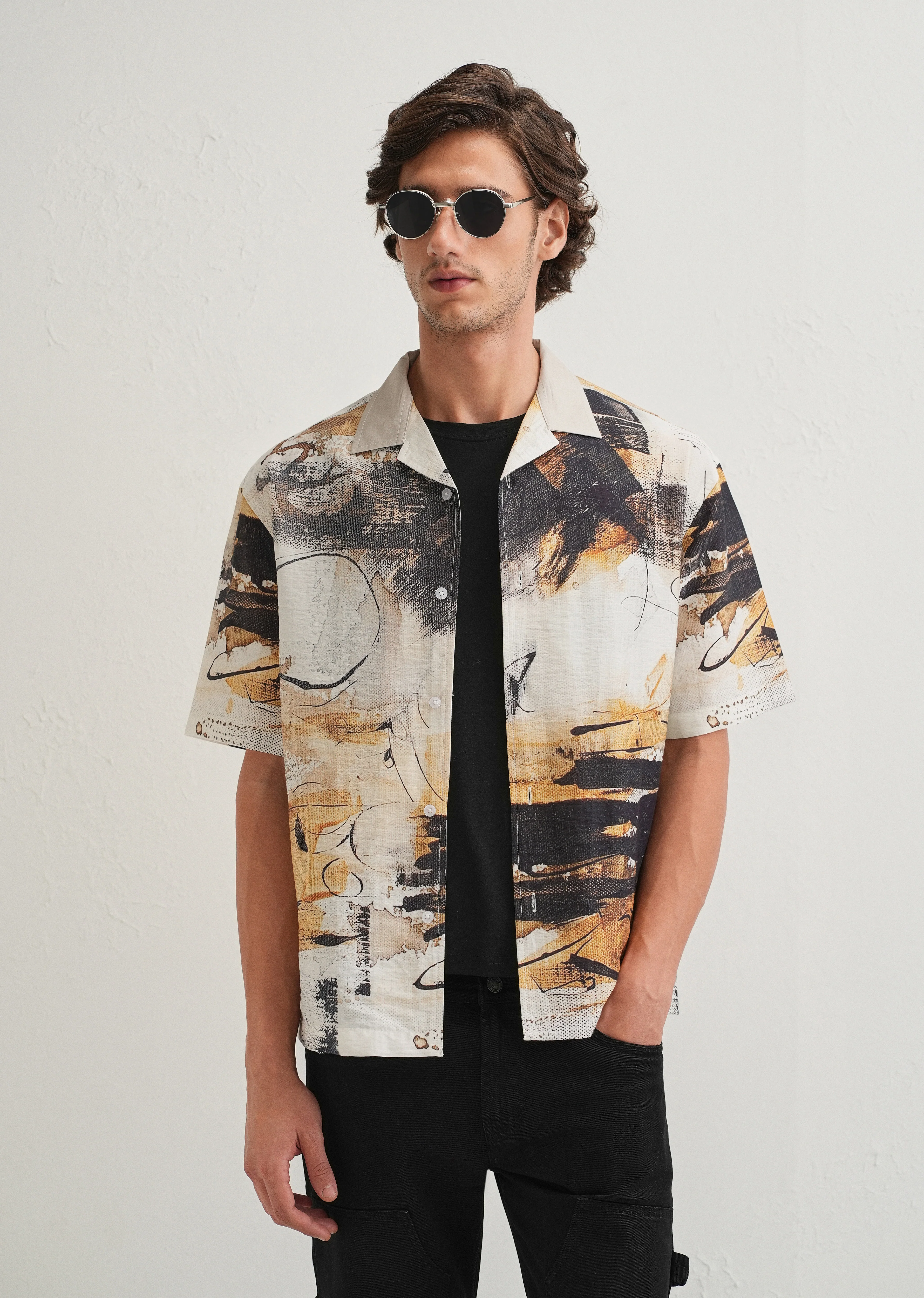 Ecru Brushstroke Placement Print Shirt - Image 2