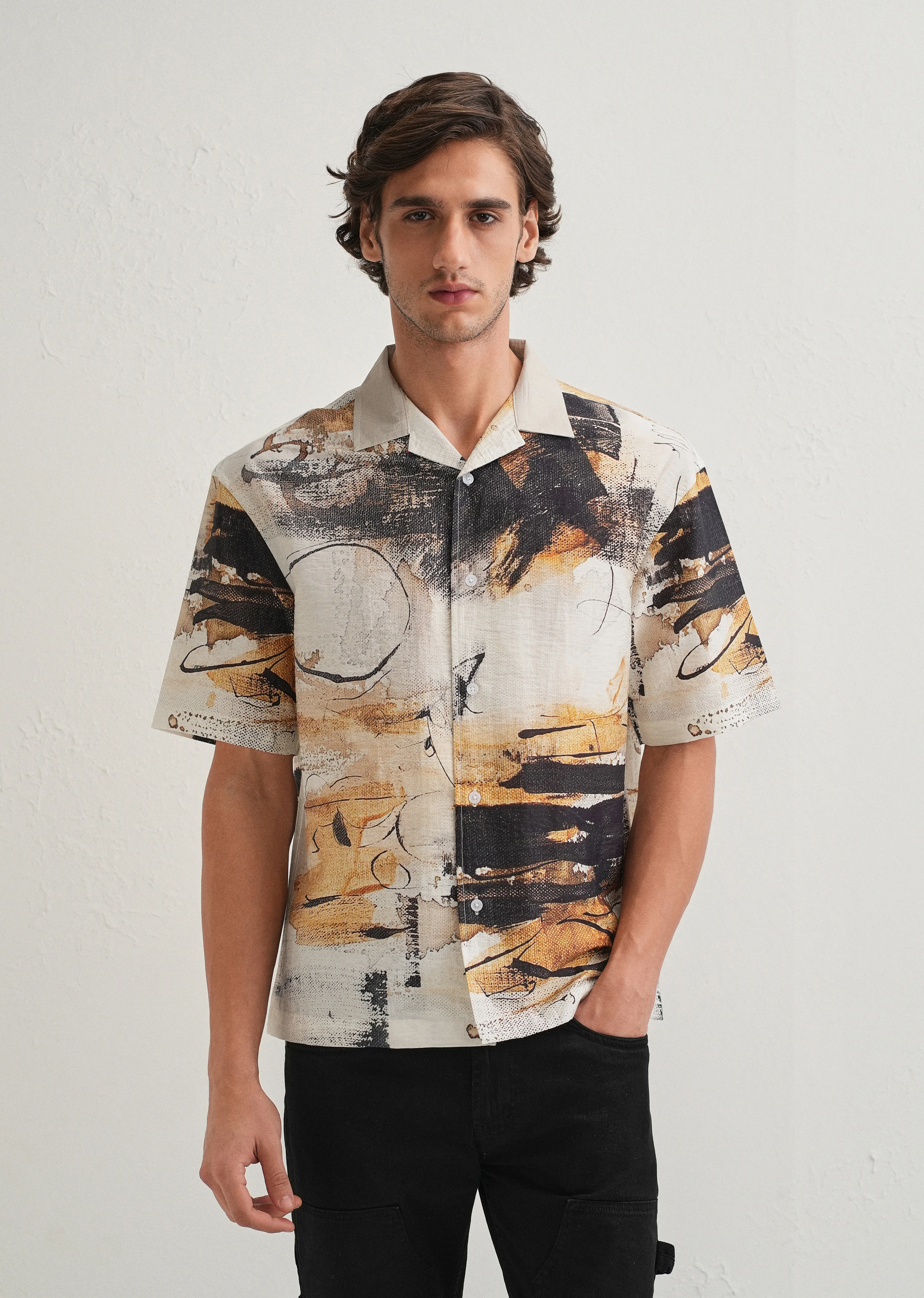 Ecru Brushstroke Placement Print Shirt - Image 5