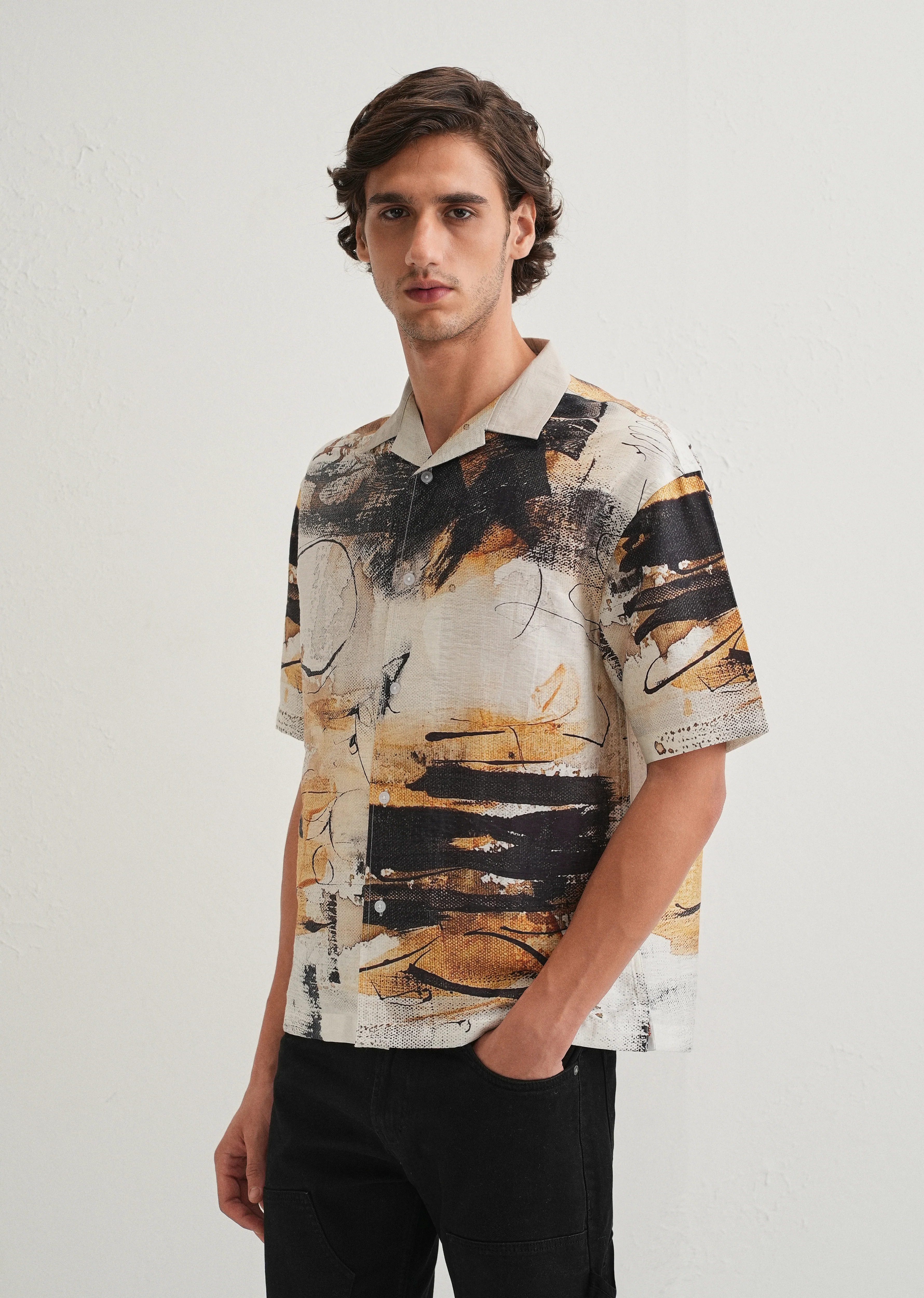 Ecru Brushstroke Placement Print Shirt - Image 6