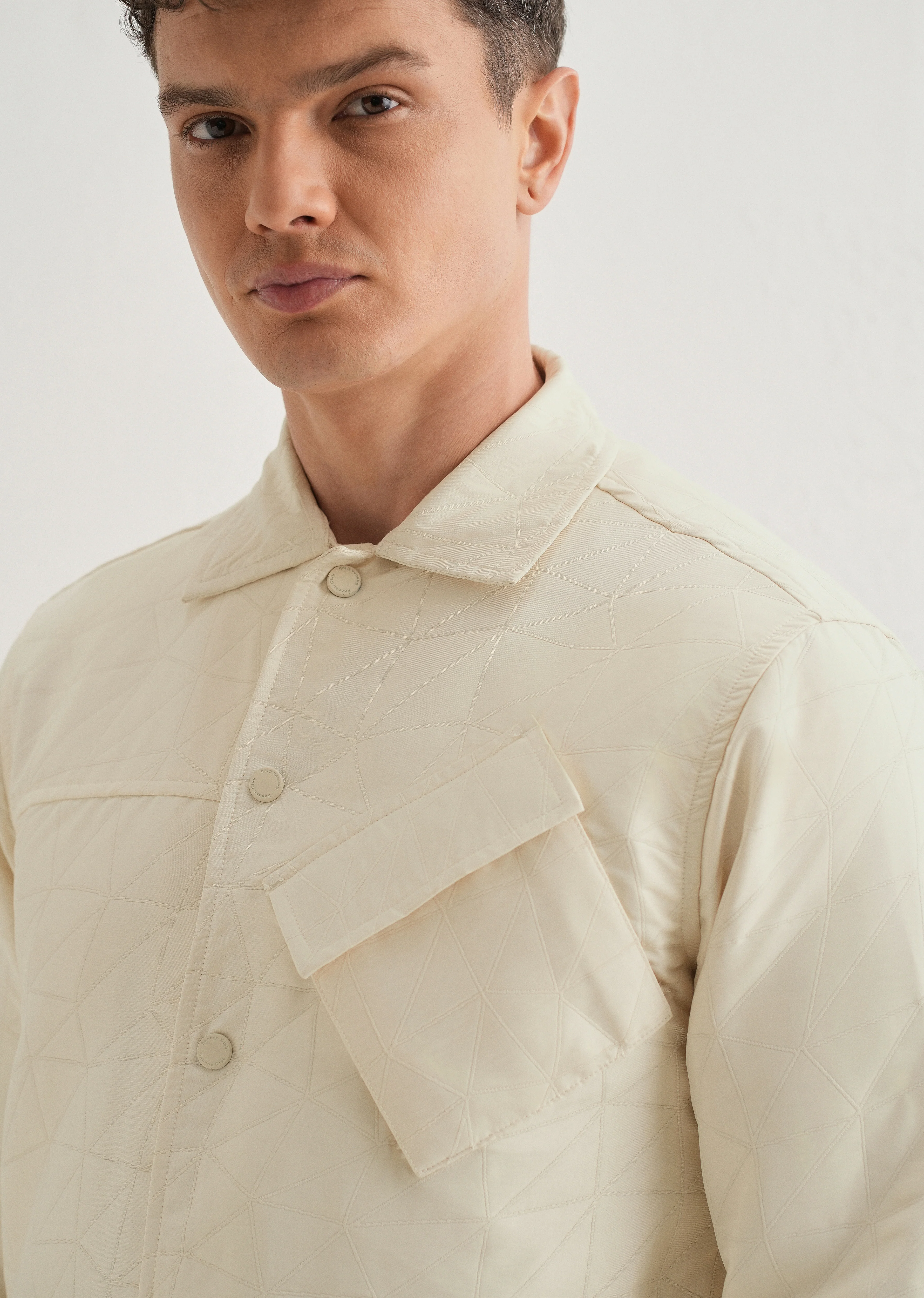 Ecru Cross Pocket Self Pattern Shacket - Image 6