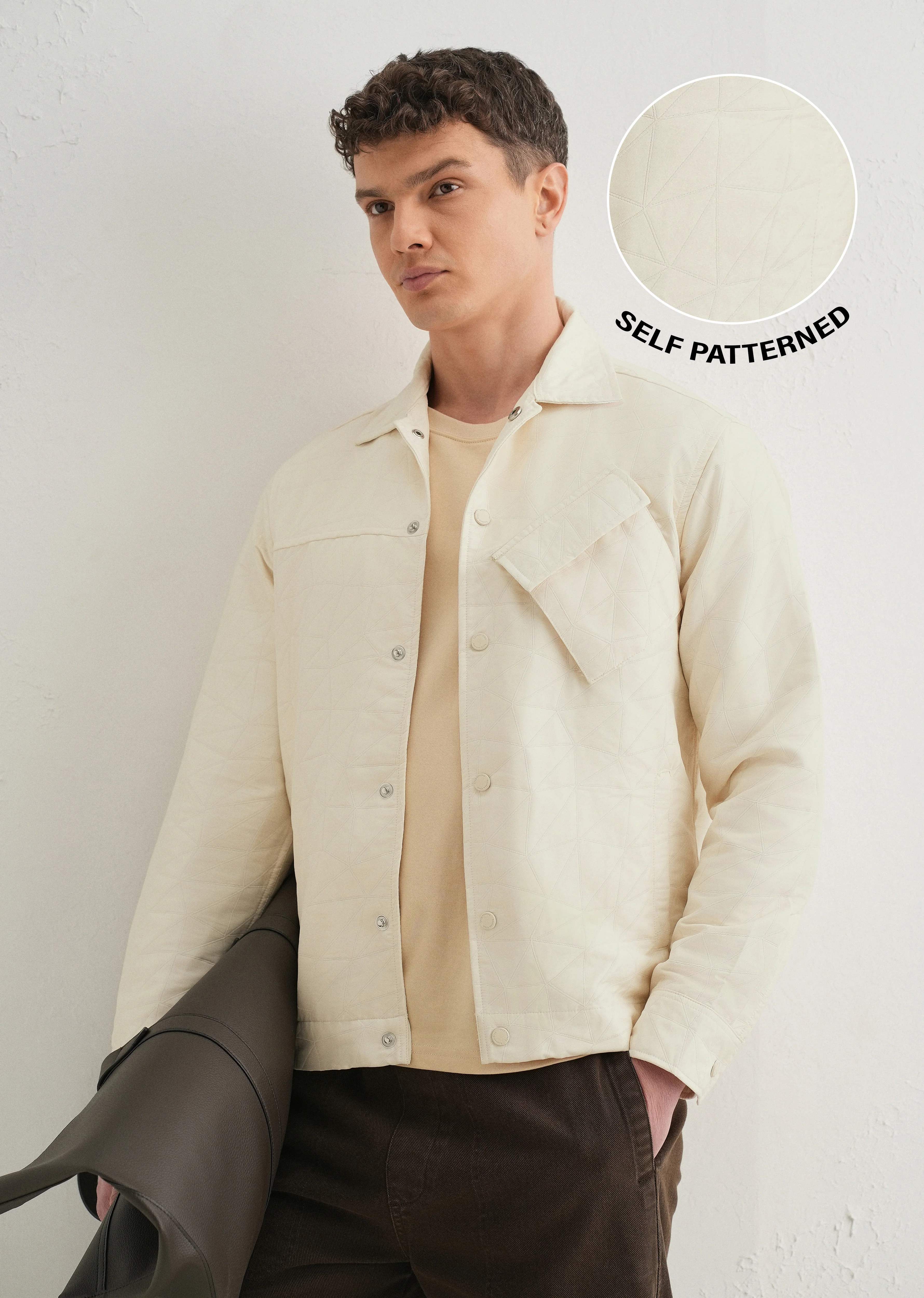 Ecru Cross Pocket Self Pattern Shacket - Image 8
