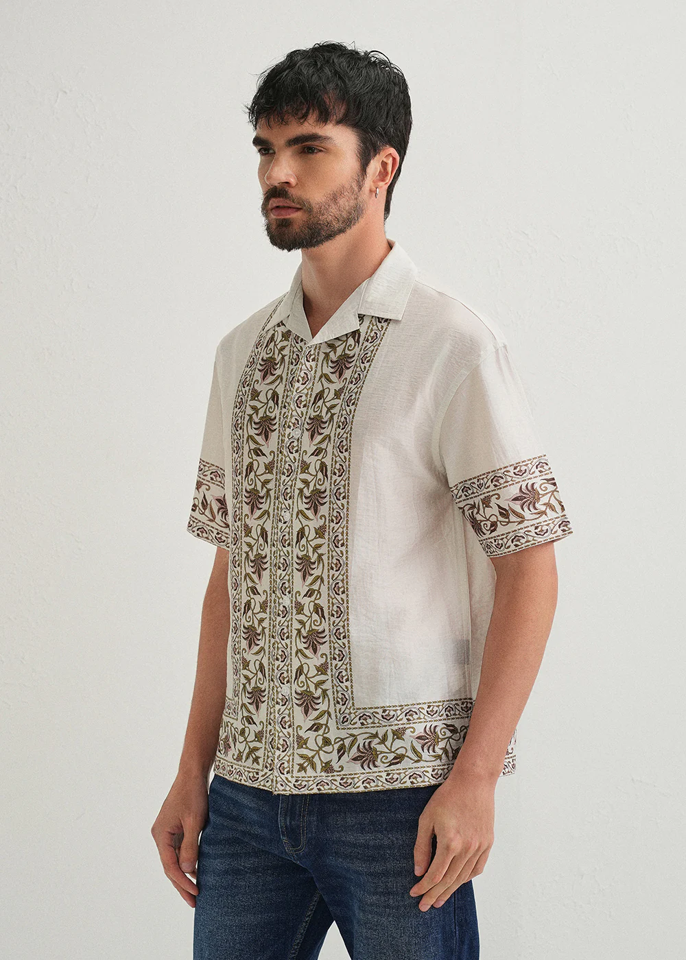 Ecru Floral Panel Printed Shirt - Image 4