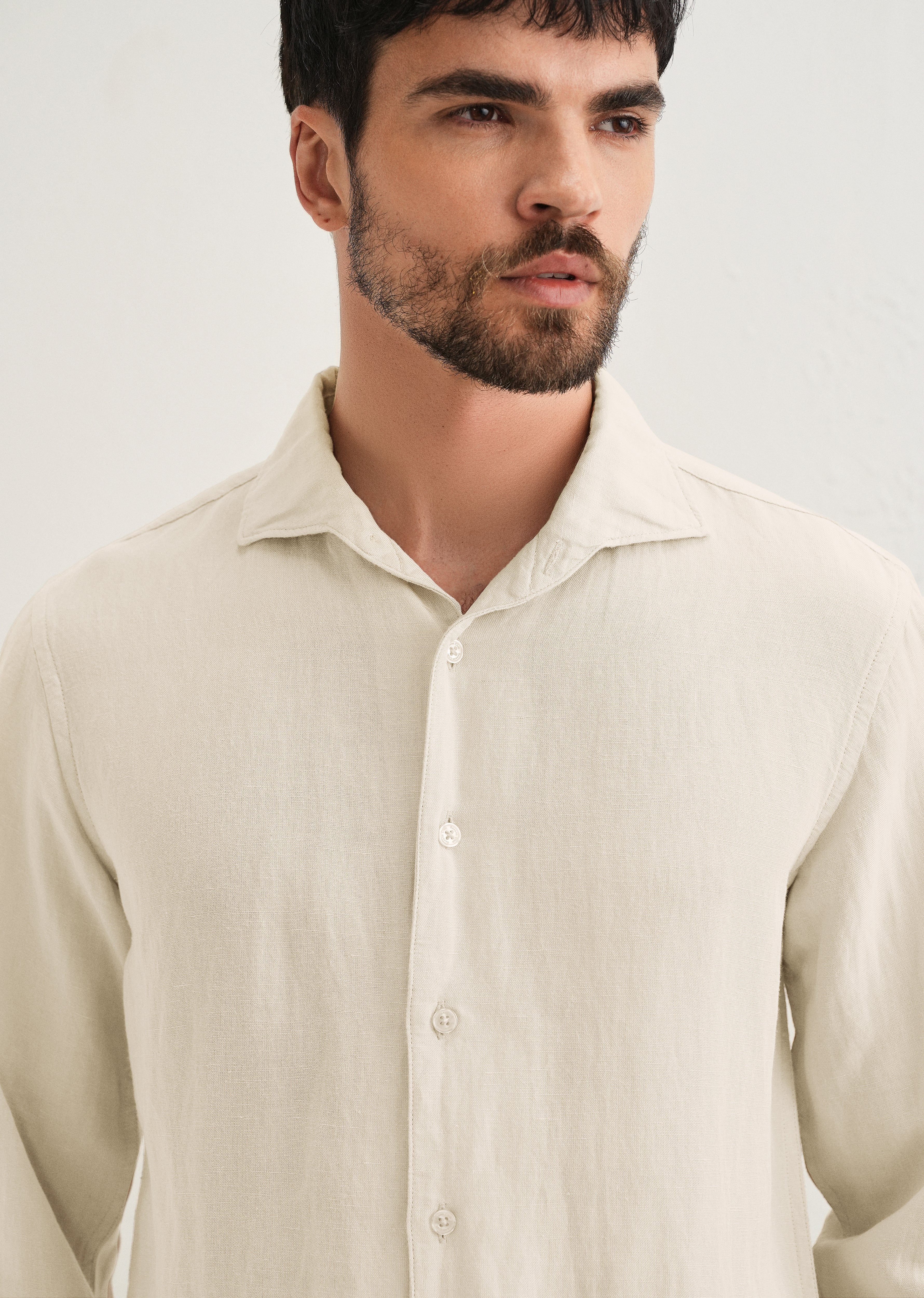 Ecru Plain Linen Viscose Shirt - Image 3