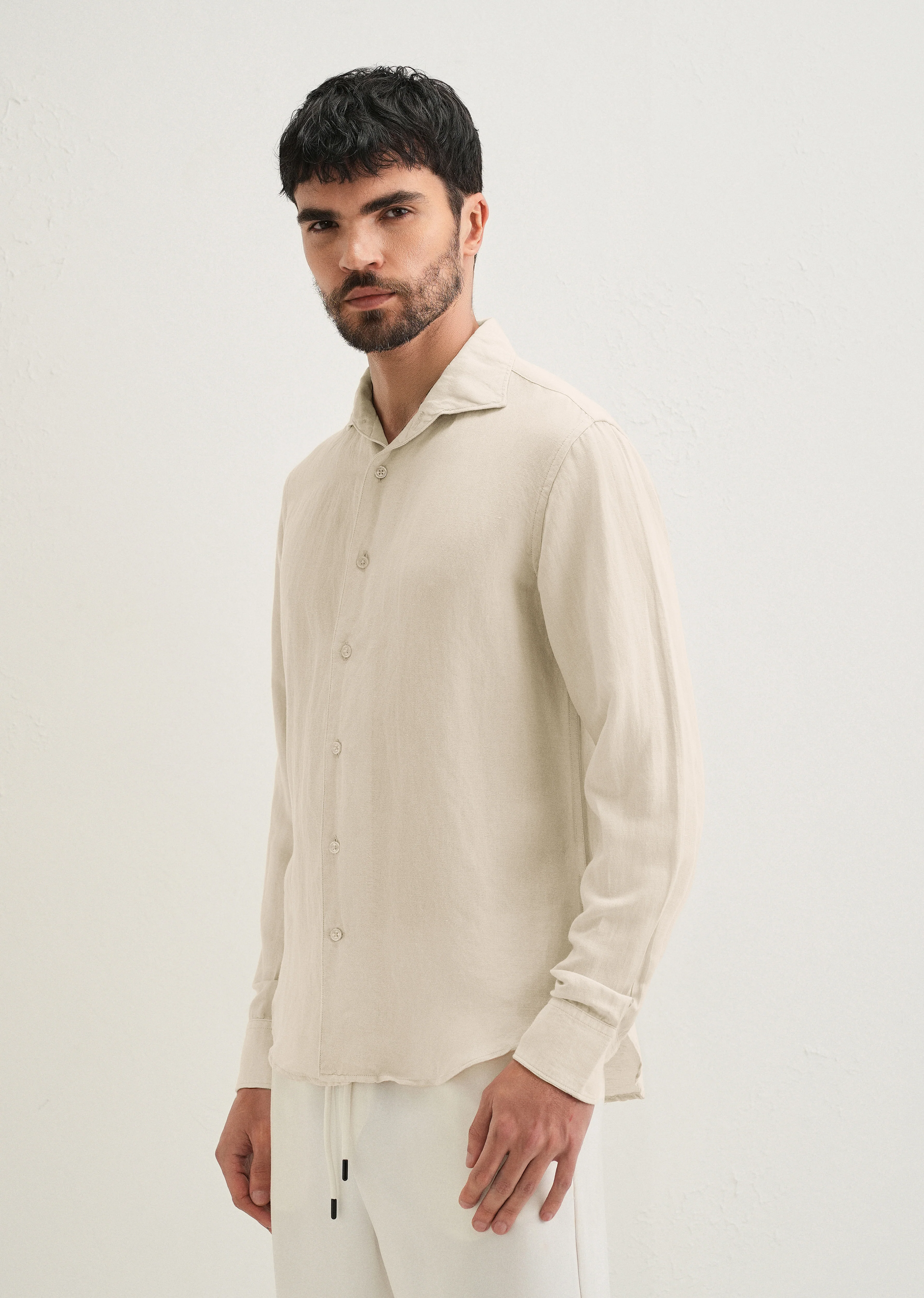 Ecru Plain Linen Viscose Shirt - Image 5