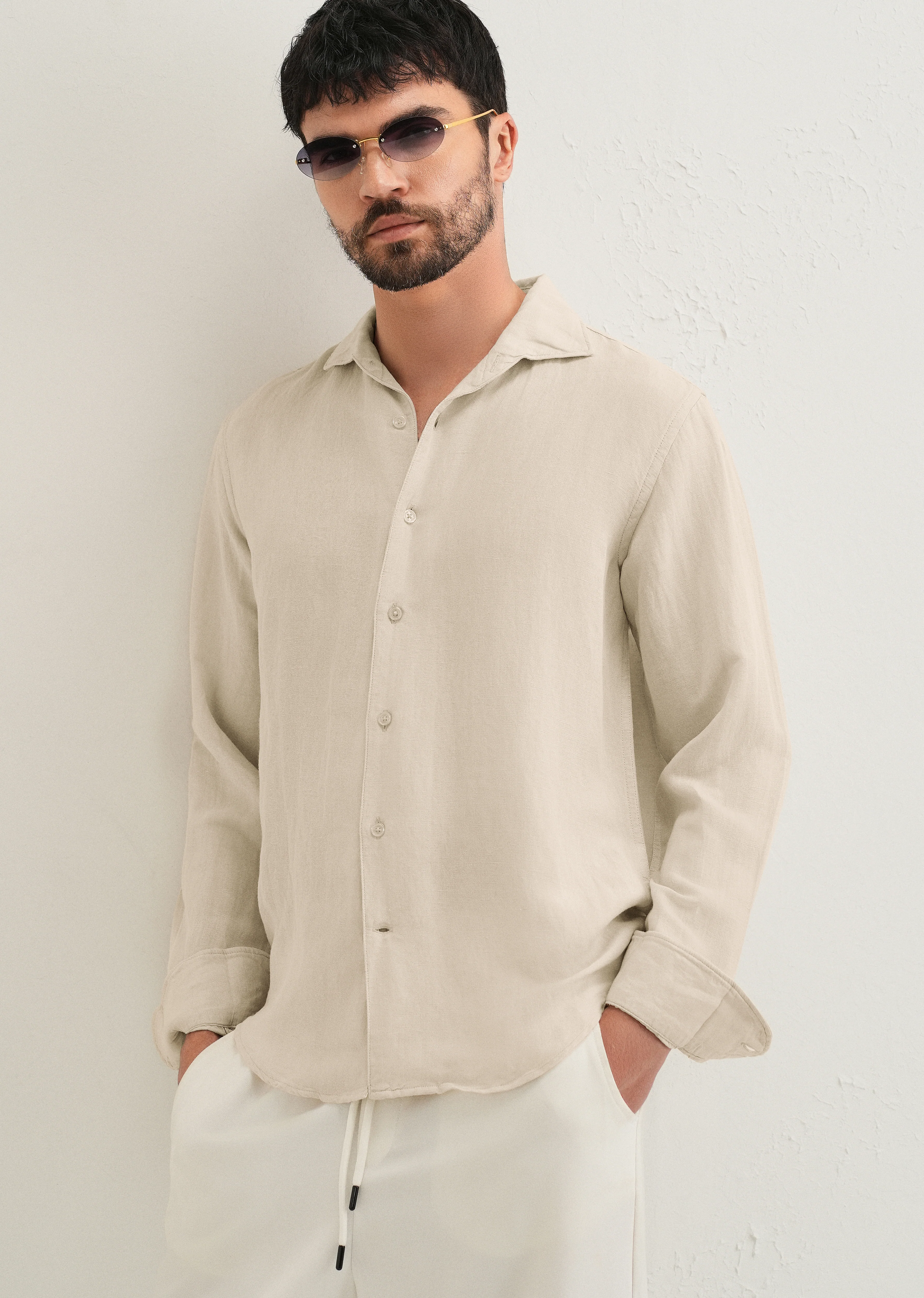 Ecru Plain Linen Viscose Shirt - Image 7